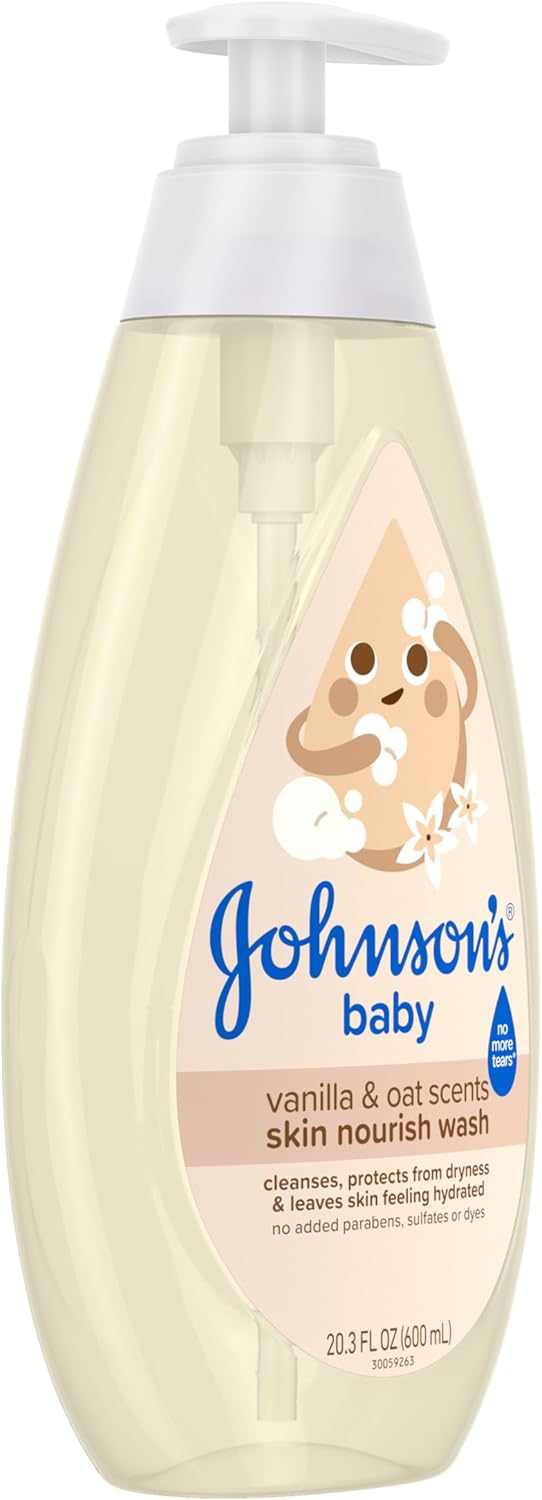 Johnson's Skin Nourishing Moisture Baby Wash, Vanilla & Oat Scents, Tear-Free, Hypoallergenic Baby Body Wash Cleanses, Protects from Dryness, & Leaves Skin Feeling Hydrated, 20.3 fl. oz