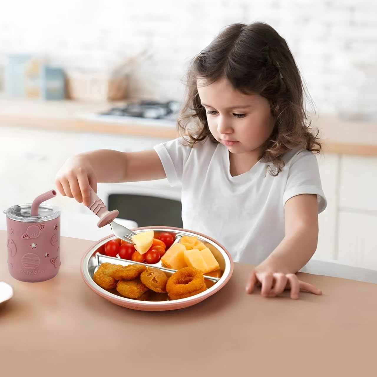 PandaEar Stainless Steel Baby Feeding Set | 2 Divided Suction Plates, 2 Spill-Proof Straw Cups with Silicone Sleeves, 2 Forks & 2 Spoons | Toddler Utensils for Baby Led Weaning, BPA-Free (Pink)