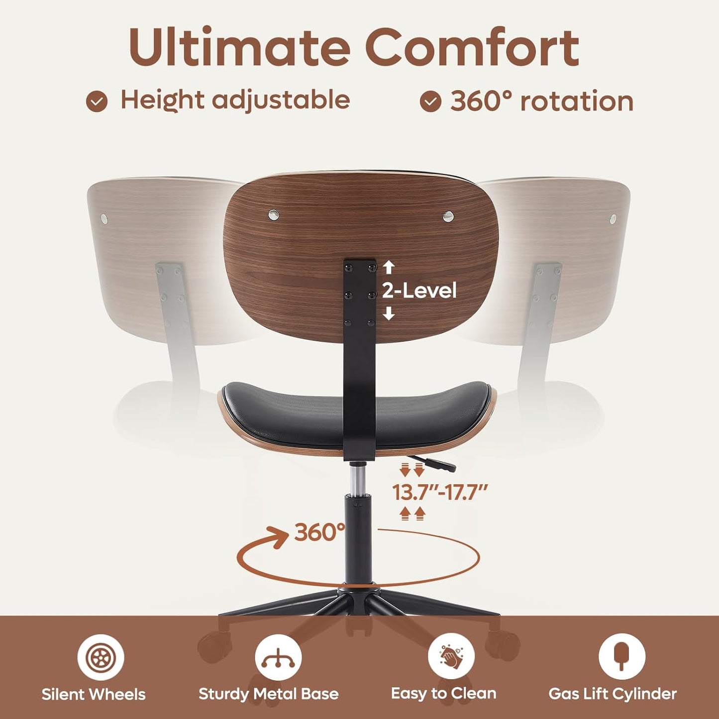 Bestier Small Office Chair with Bentwood Back Support, Armless Desk Chair with 360° Swivel, Height Adjustable Computer Chair with Wheels, PU Leather Modern for Office, Small Space, Black