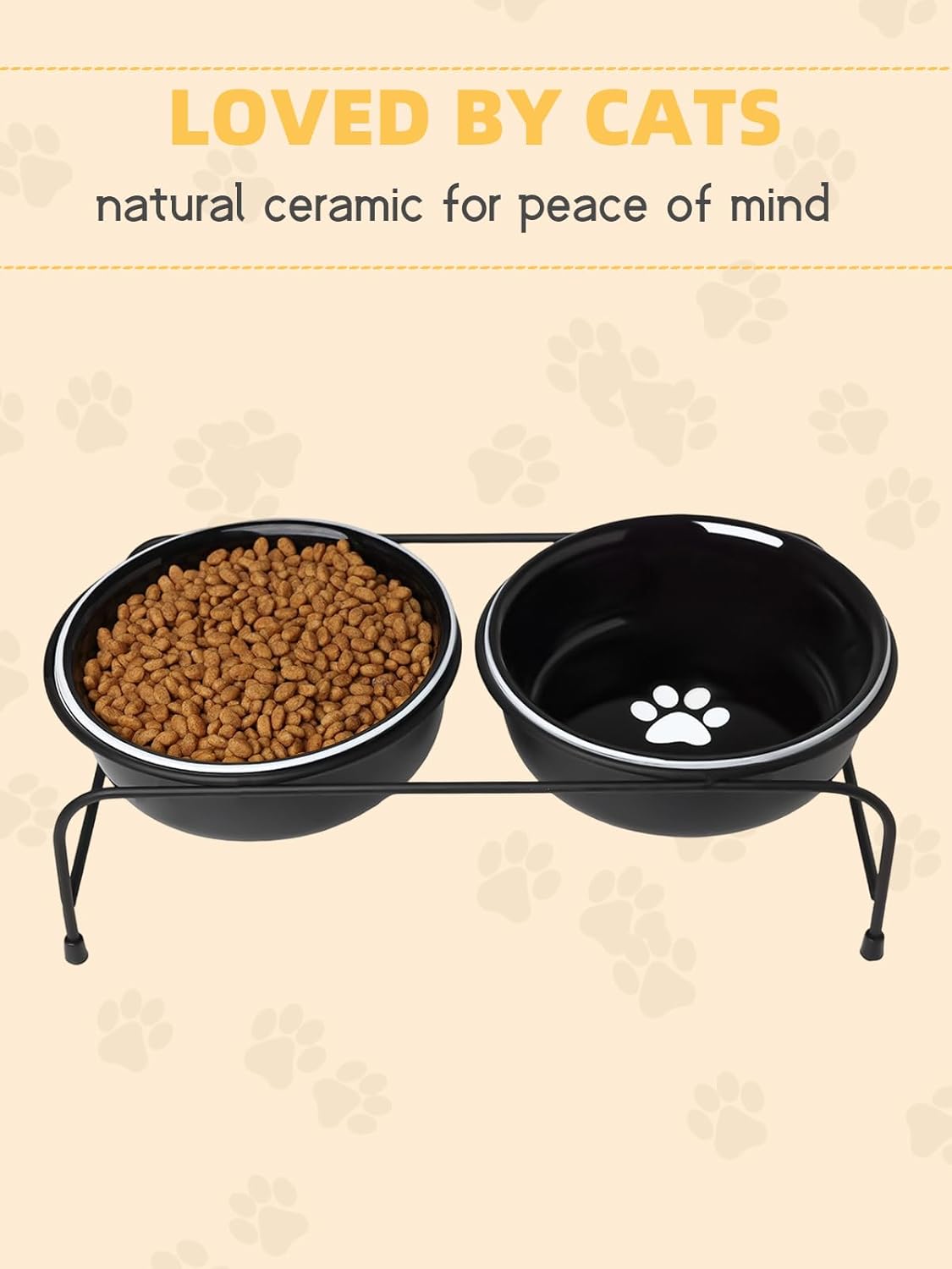 GDCZ Porcelain Raised Cat Bowls with Heighten Metal Stand and Non Slip Bottom 15 Ounces (Black)