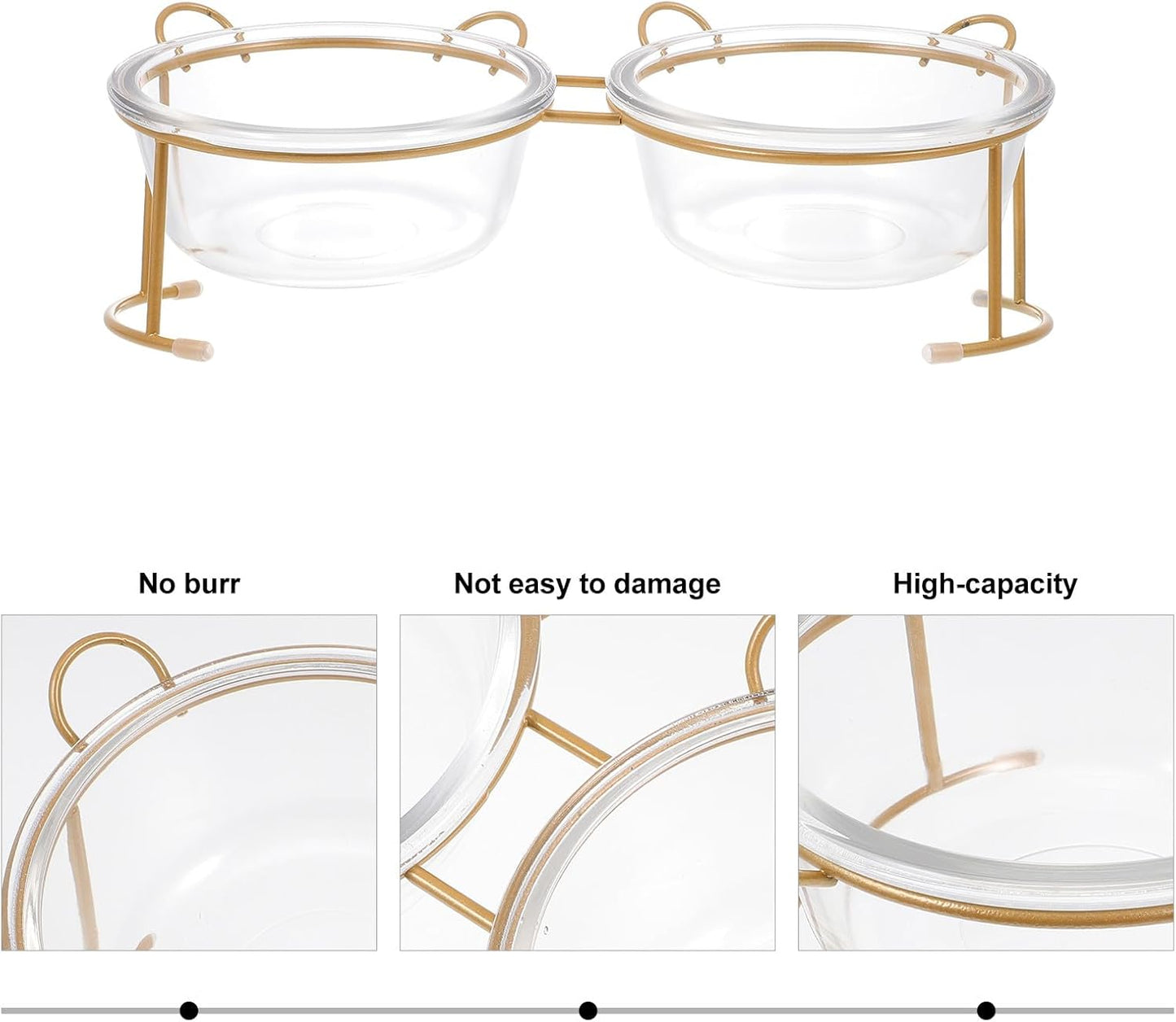 PRETYZOOM Glass Double Raised Cat Food Bowl with Bright Gold Stand, Household Glass Dog Bowl for Pets, Elevated Pet Feeding Station for Cats and Dogs