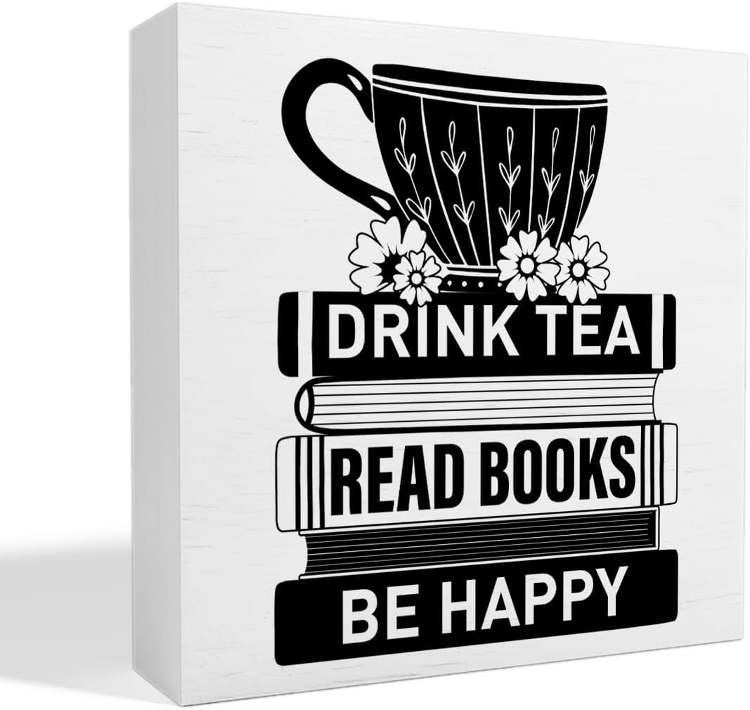 Tea Decor Wooden Box Sign, Tea Bar Tea Station Pantry Table Decor for Office Home Kitchen Decoration, Tea Lover Gifts for Women Men, Book Lover Gifts for Women Men, Drink Tea Read Books Be Happy
