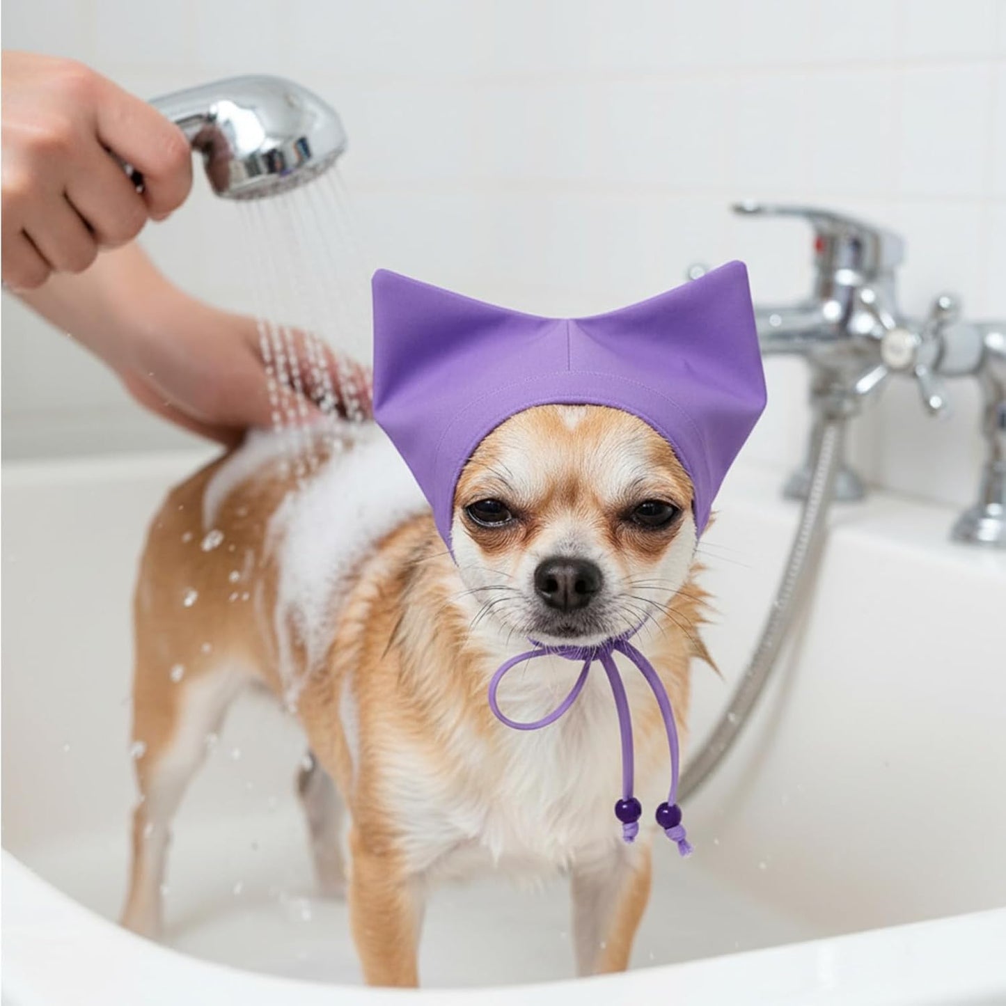 Waterproof Pet Shower Cap – Adjustable Cat Bath & Dog Shower Ear Protector for Kittens, Puppies, Small Pets (Purple)