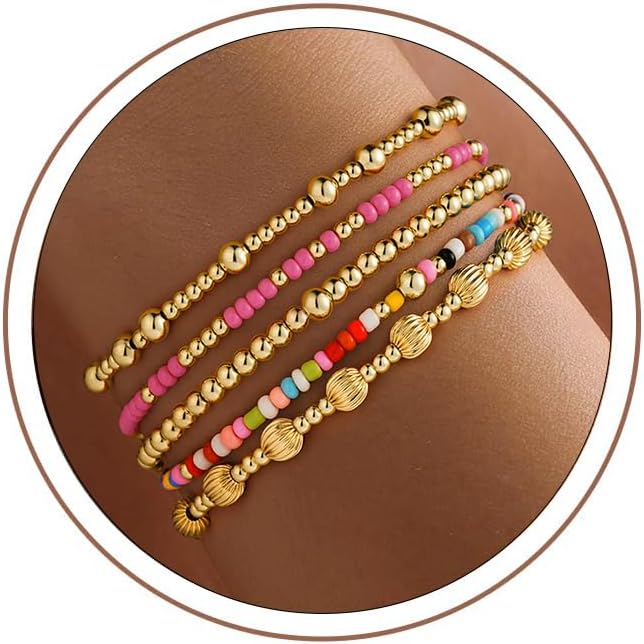 Turandoss Gold Beaded Bracelets for Women Girls - Dainty 14K Gold Plated Turquoise Cross Bead Bracelet Pearl Bracelets Set for Women Heishi Clay Beaded Bracelet Jewelry Gifts for Her