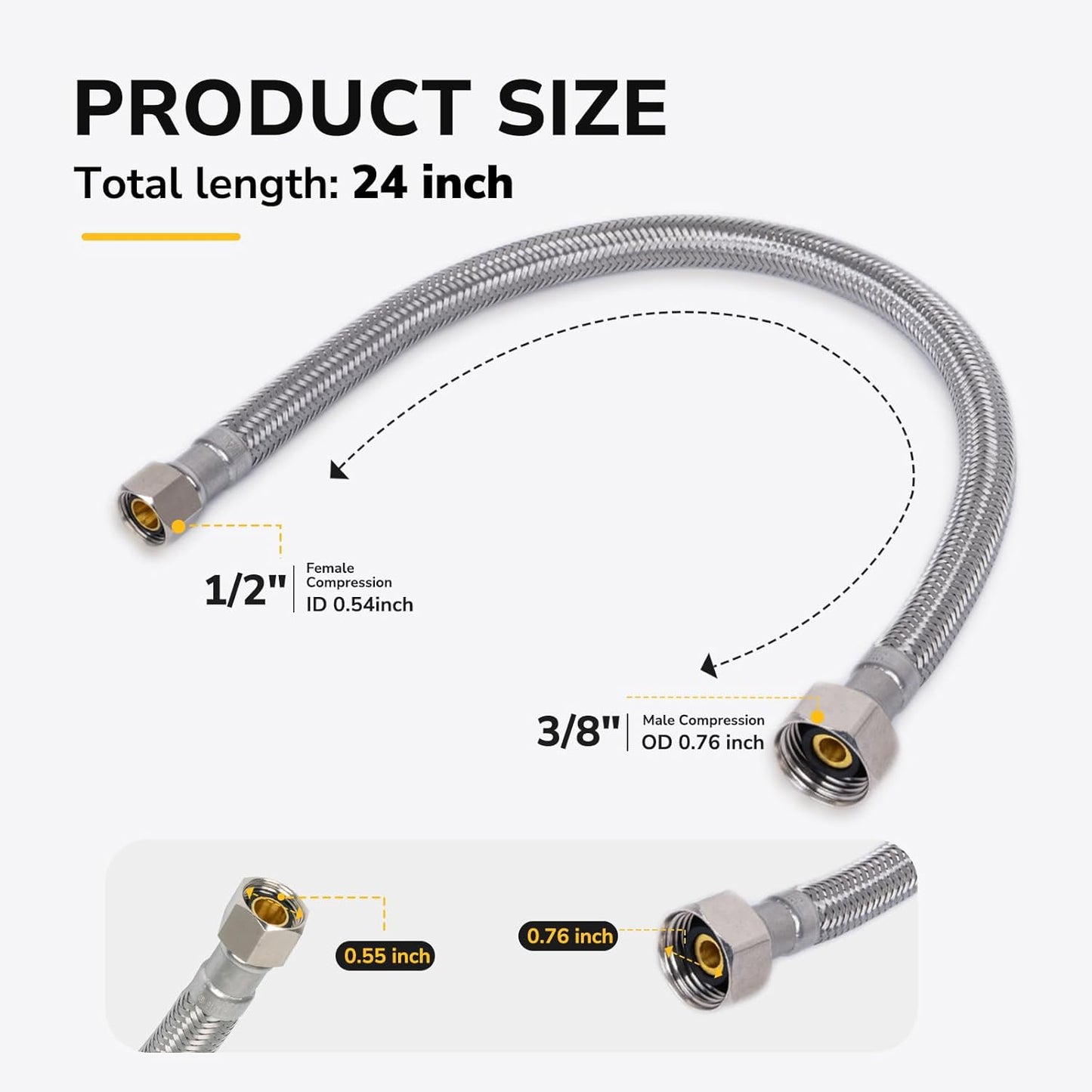 24" Faucet Supply Line, 3/8 inch Comp x 1/2 inch FIP Faucet Connector, Braided Stainless Steel Faucet Hose for Bathroom Sink and Kitchen, Leak-Resistant cUPC Certified Water Supply Line, 2 Pack