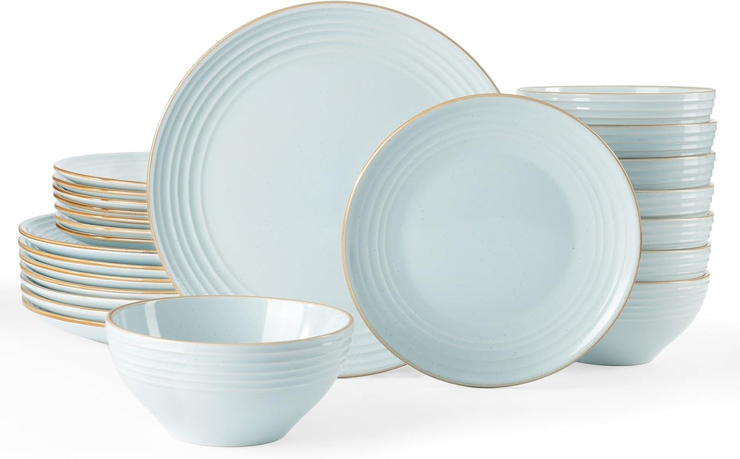 Famiware Jupiter Stoneware Dinnerware Sets, Handcrafted Plates and Bowls with Embossed Swirl & Speckles, Blue - Chip & Scratch Resistant, Dishwasher Microwave Safe Minimalist Dishes for 8 (24-Piece)