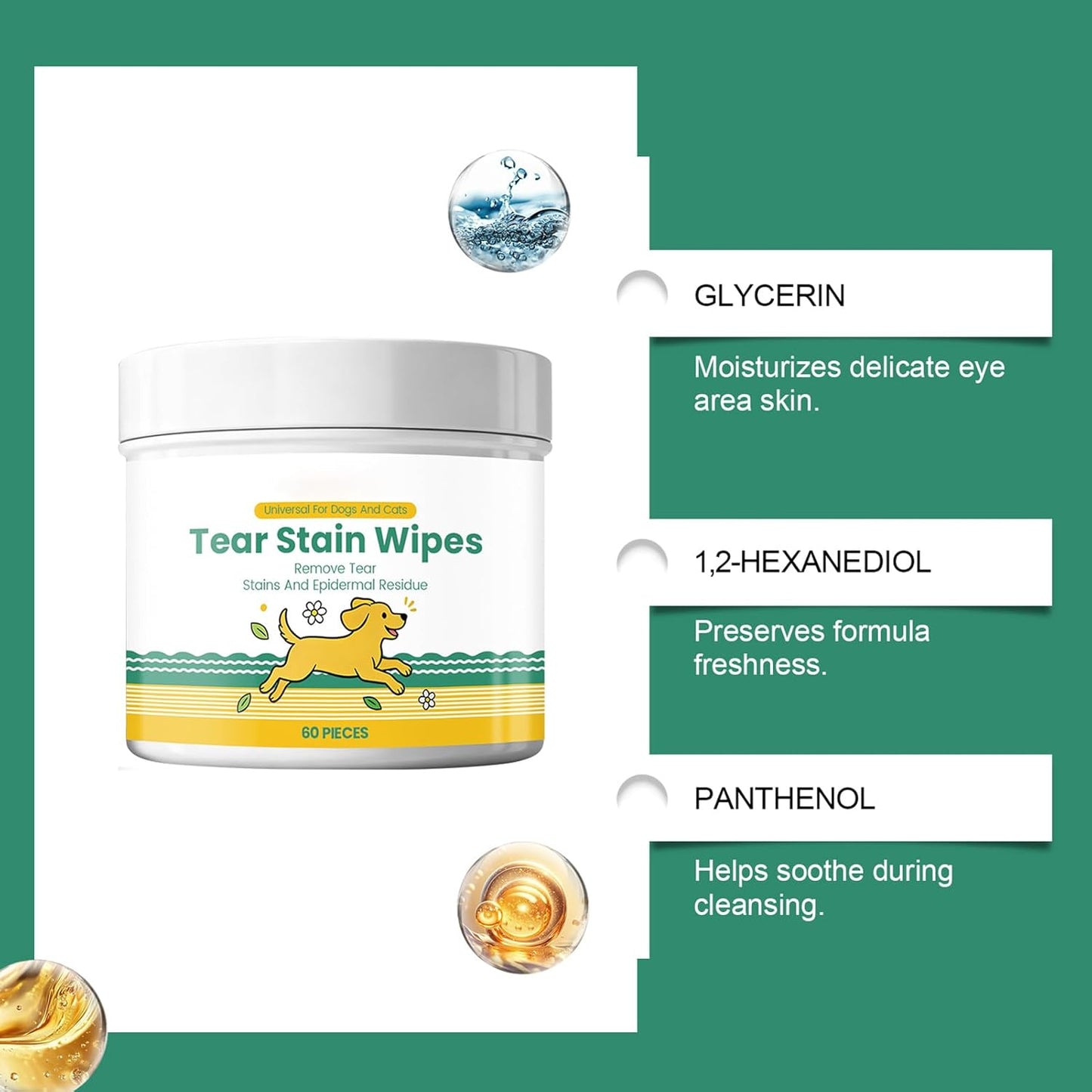 Tear Stain Wipes for Dogs | Bathing Pads | Gentle Dog Tear Wipes | for Small Medium Large Breed Puppy Kitten Skin Coat Travel Home Outdoor Indoor