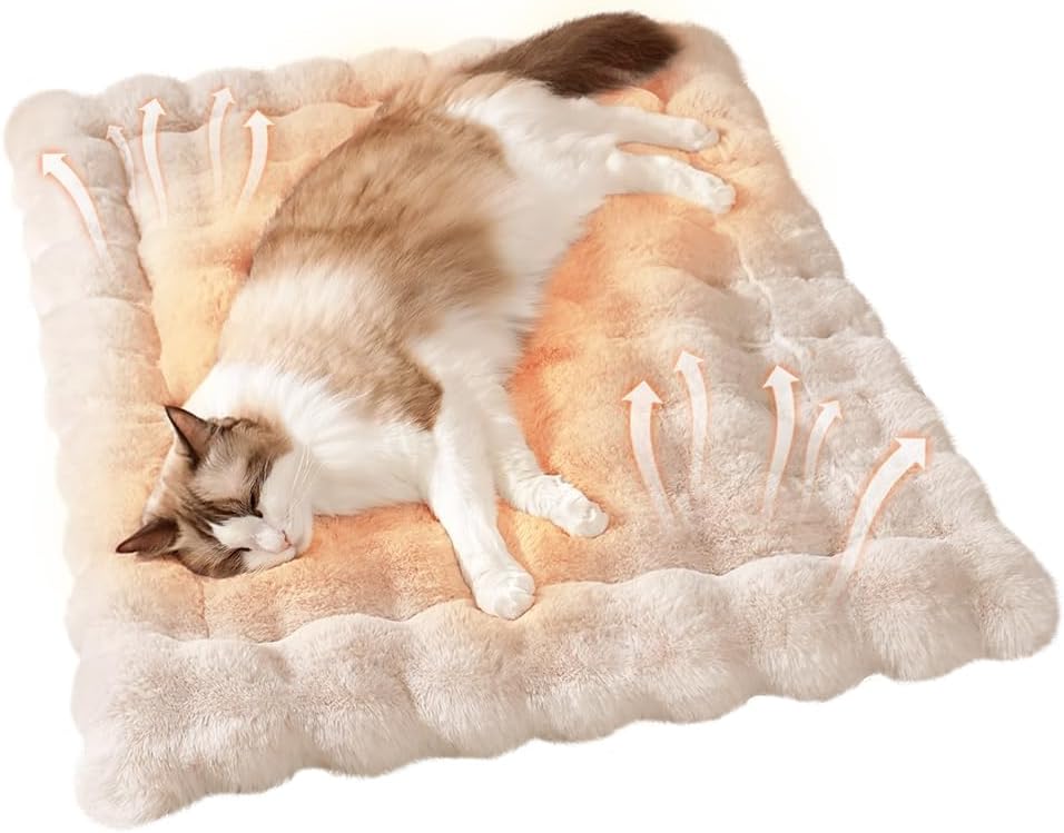 Self-Warming Cat Bed, Plush Faux Fur Pet Bed Mat with Anti-Slip Bottom, Ultra Soft Heated Pad for Cats & Kittens, Cozy Fluffy Bed for Window & Sills Couches, Machine Washable, 23x15 Inch White