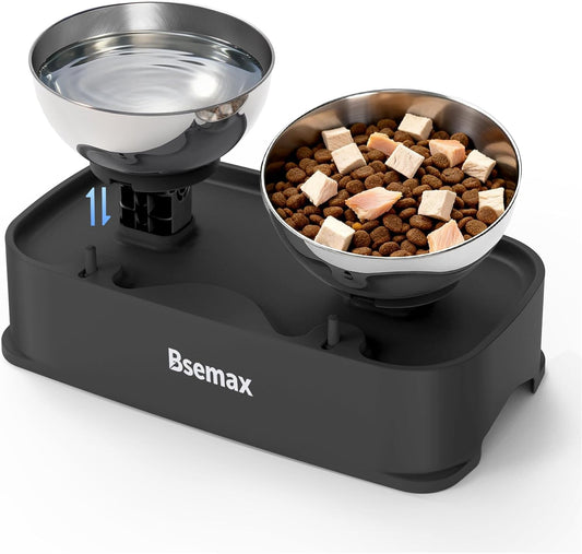 Adjustable Elevated Cat Bowls with 2 Stainless Steel Bowls 6.1”–7.3” Raised Feeding Station with 30° Tilt to Reduce Vomiting & Neck Strain, Stable Non-Slip Stand for Indoor Cats, Small Dogs & Puppies
