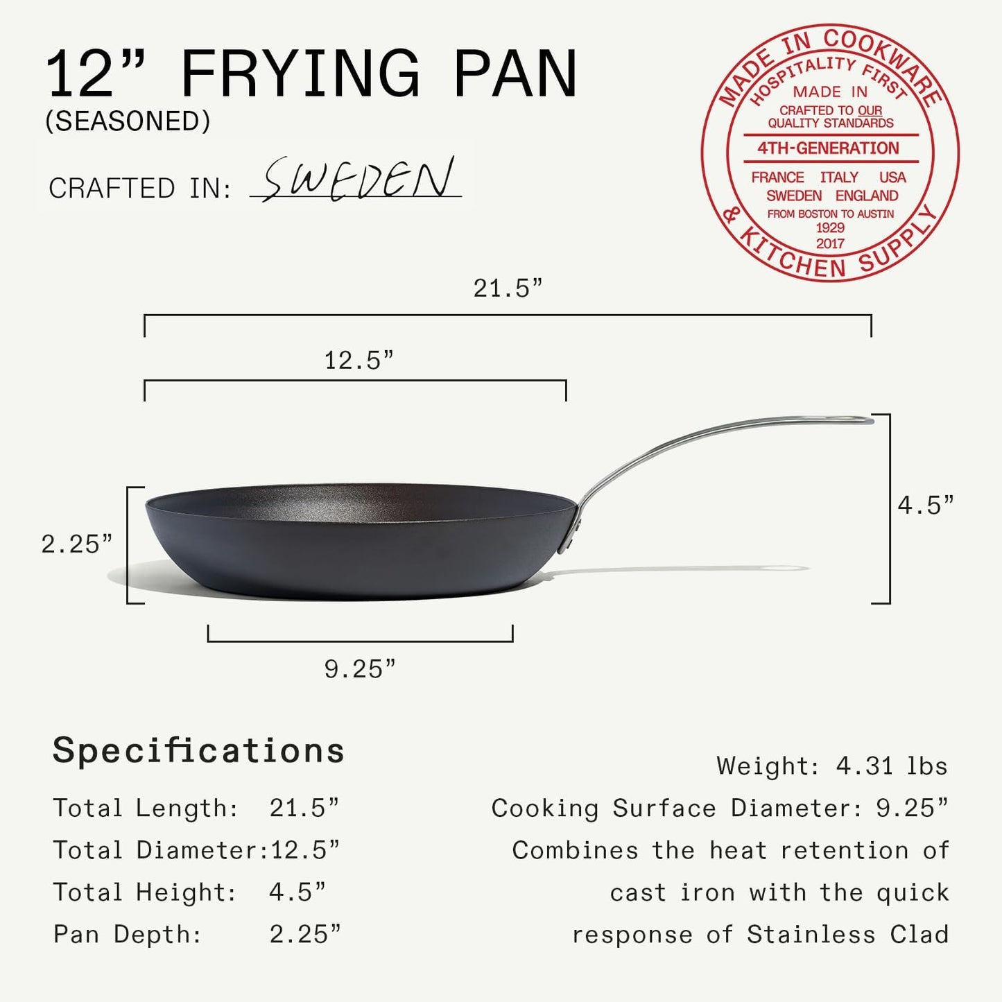Made In Cookware | Seasoned 12" Blue Carbon Steel Frying Pan - (Like Cast Iron, but Better) | Professional Cookware | Crafted in Sweden | Induction Compatible