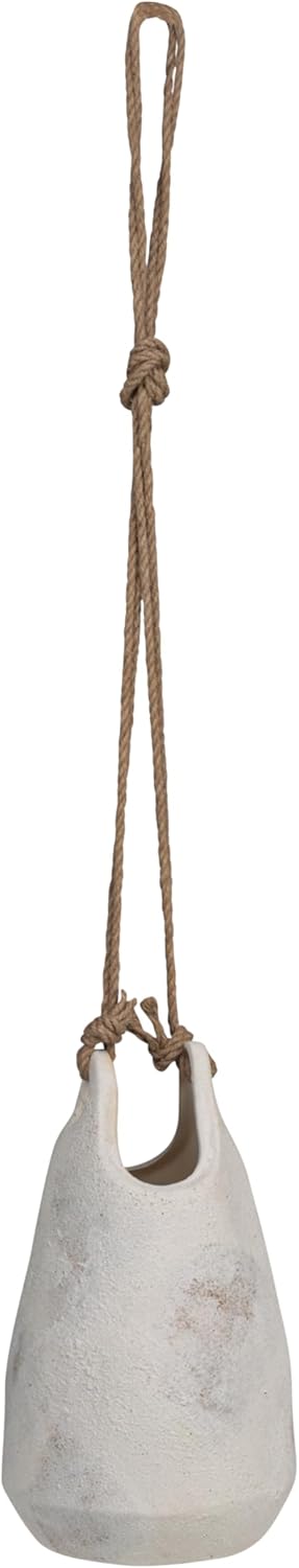 Creative Co-Op Large Stoneware Hanging Planter with Jute Rope Hanger and Distressed Volcano Finish, White