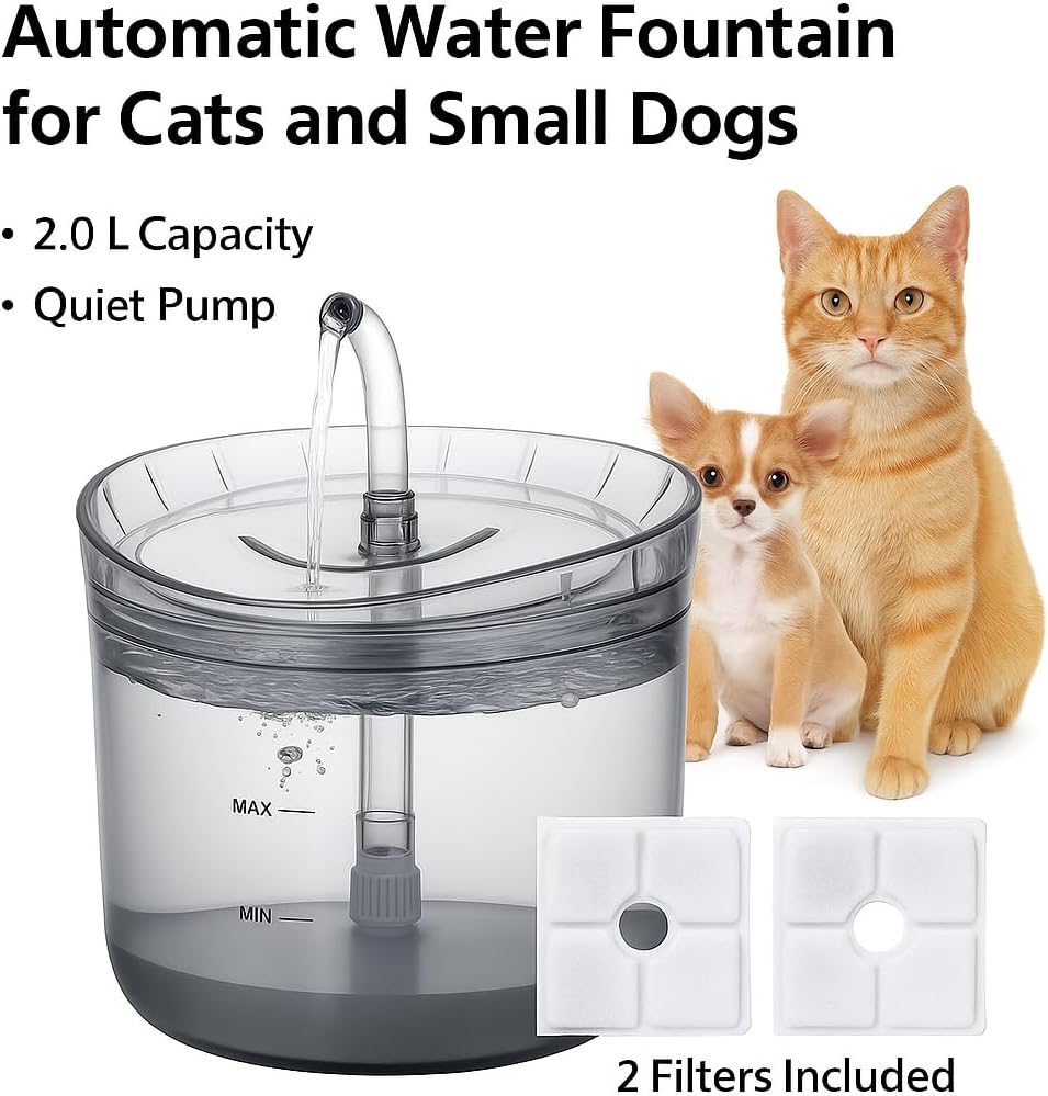 Pet Water Fountain for Cats and Dogs, 2.0L Transparent Automatic Water Dispenser with 3 Filters Included (Extra 2 Bonus Filters) – Quiet Pump – Model WF060