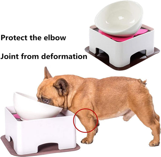 Bulldog Bowl Ceramic Dog Food Bowl - Cat Dish Wide Mouth Dog Bowl Pet Sterile Tilted Pet Feeder with Anti-Skid Rubber Mat (White M/1.5 Cup)