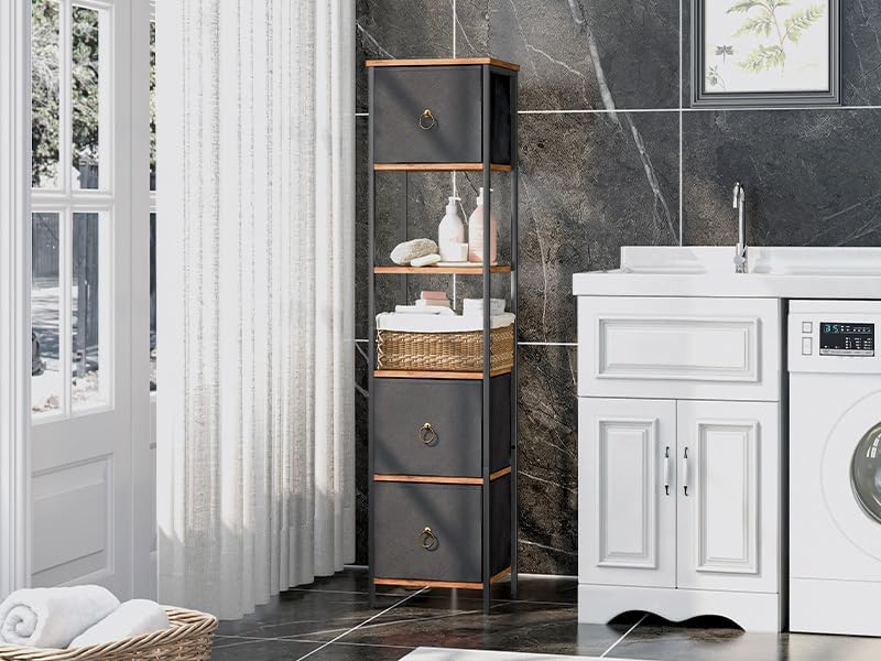 HOOBRO Bathroom Floor Cabinet, Bathroom Organizer and Storage Rack Stand, 3 Drawers Free-Standing Cabinet for Bathroom, Living Room, Rustic Brown and Black BF140CW01