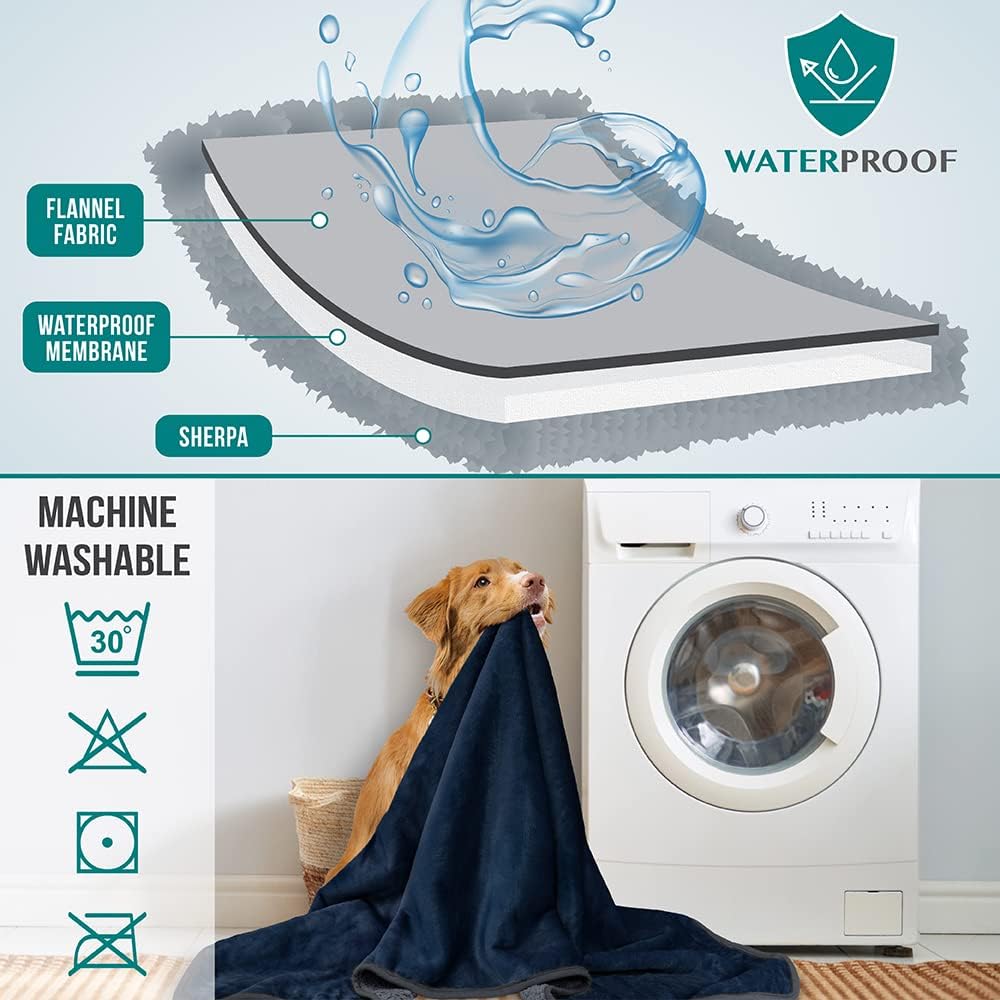 PetAmi Waterproof Dog & Cat Blanket, Pee Proof for Couch & Bed, Reversible, Soft Fleece, Washable, 24x32 Navy/Gray