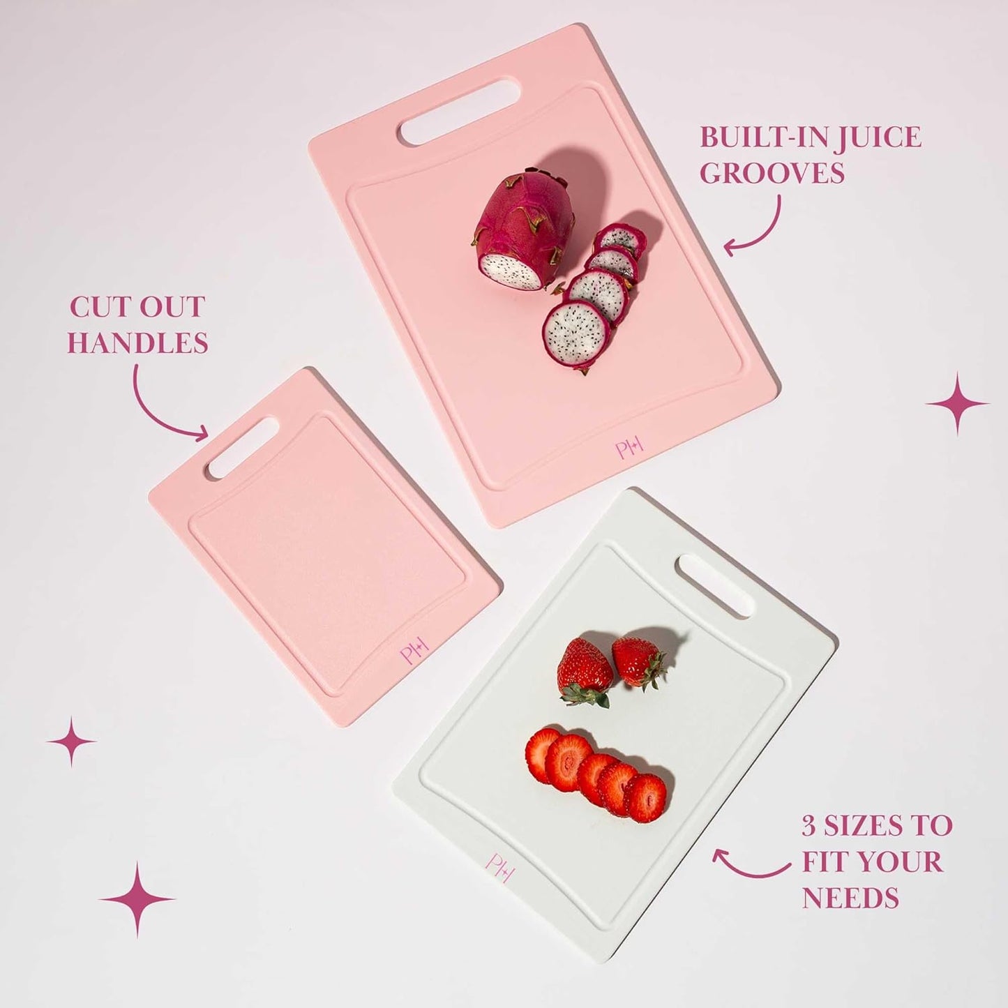 Paris Hilton Cutting Boards, Dual-Sided Cutting Board Set with Built-in Juice Grooves, Easy-Grip Handles, Heavy-Duty Plastic Made without BPA, Dishwasher Safe, 3-Piece Set, Pink and Cream