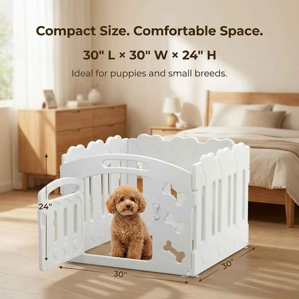 Dog Playpen for Small Dogs, 4-Panel Compact Indoor Puppy Playpen, 24" Tall Non-Toxic Premium HDPE Panels, 30"x30"x24", Stable on Smooth Floors, Tool-Free Setup (White)