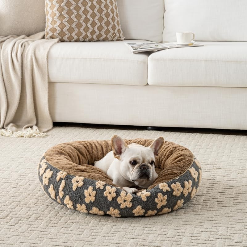 Happy Pets Luxury Orthopedic Pet Bed, Jacquard Brown, or Light Gray, Round Nest Bolster Design, Machine Washable Cover, for All Sized Dog and Cat Breeds (Brown, 30" x 30" x 8")