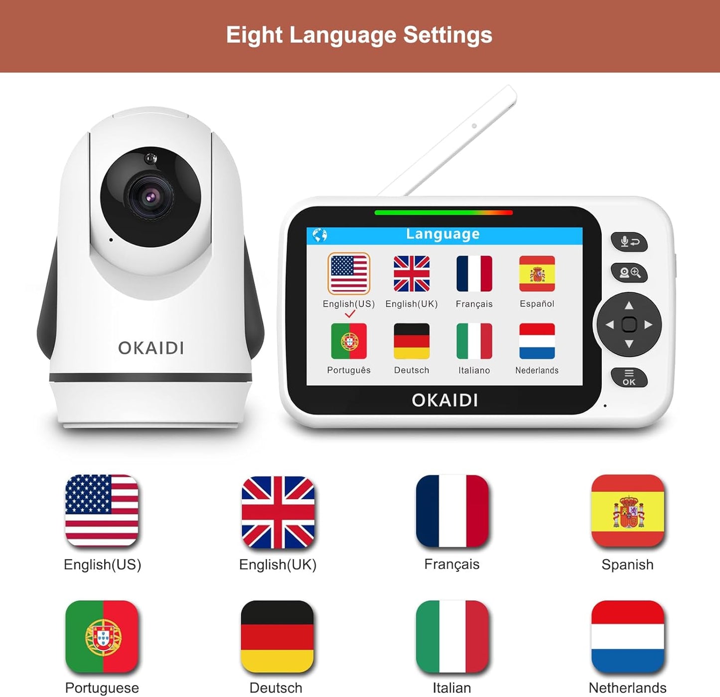 OKAIDI Video Baby Monitor with Camera and Audio, 5" Display Baby Monitor No WiFi, 30H Battery and 1000ft Range, Remote Pan-Tilt-Zoom Baby Camera, Night Vision, 2-Way Talk, ECO, Temperature, Lullaby