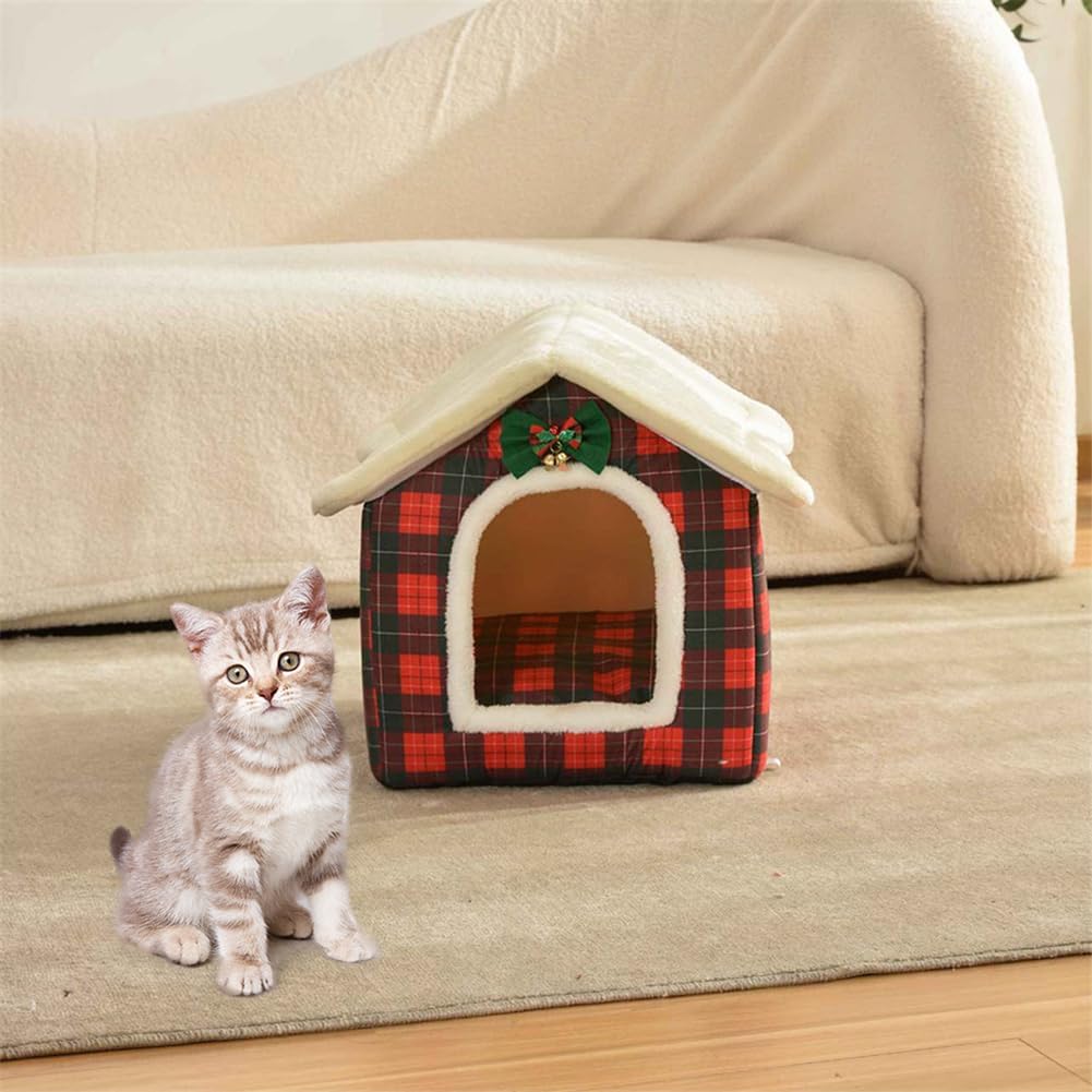 Christmas Cat Bed for Indoor Cats Plaid Xmas Cat Tent Cats Bed Cave for Pets Kittens and Dogs (Christmas Plaid, M(18.1 X 14.6 X 15.7 Inch))