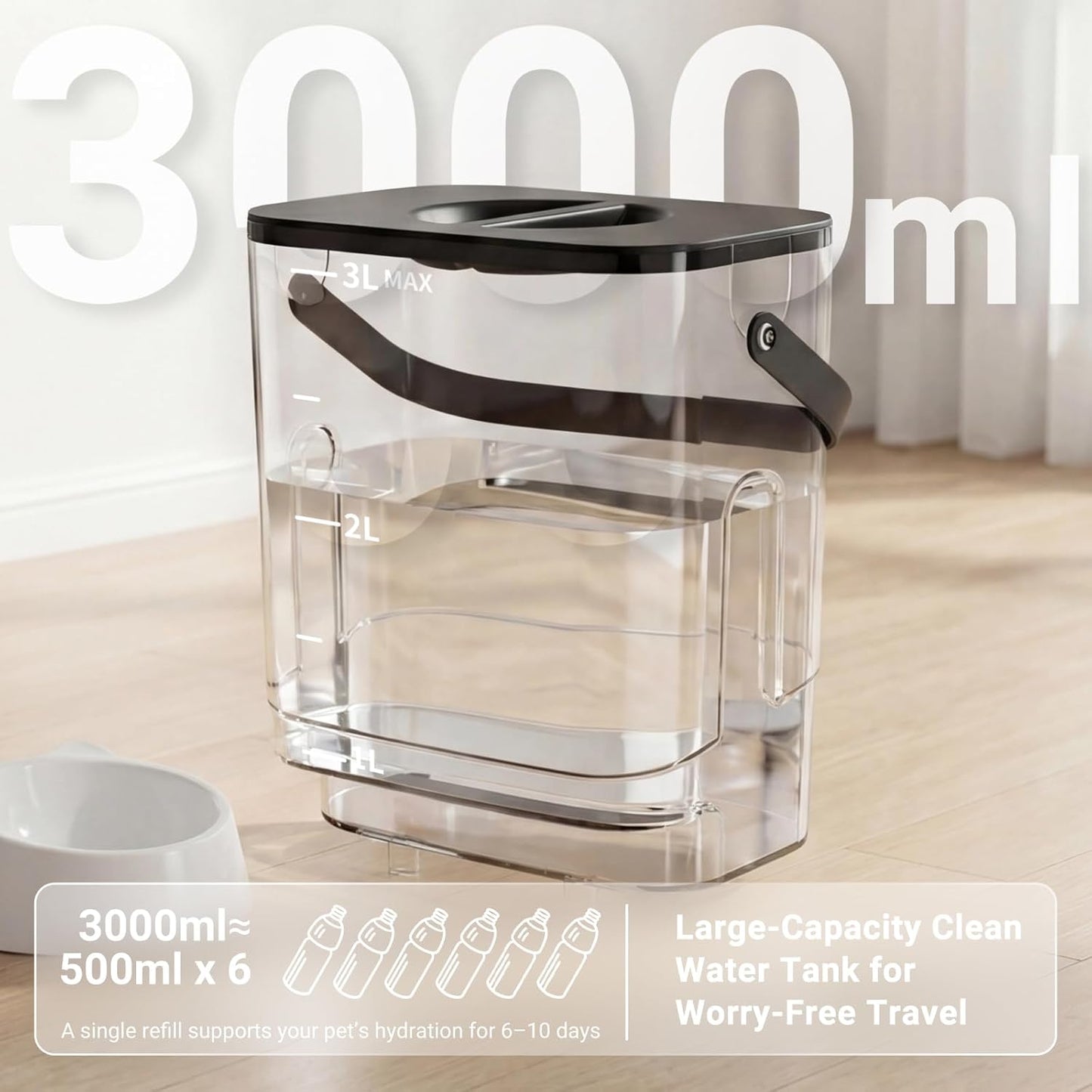 Filterless Cat Water Fountain 3L, Wireless Motion Sensor Cat Water Fountain with 4000mAh Battery, Stainless Steel Cat Bowls, Water Fountain Separate Tanks, Quiet – Black