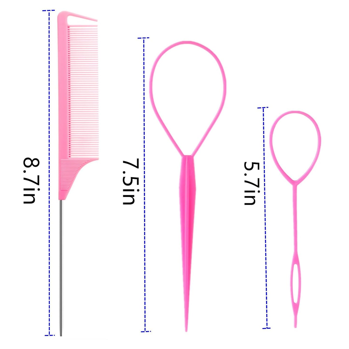 9pcs Topsy Hair Tail Tool and rat tail comb set,6pcs French Braiding Tool ring,3Pcs Metal Parting Combs,Woman Girl Hair Styling (Pink,Purple, Black)