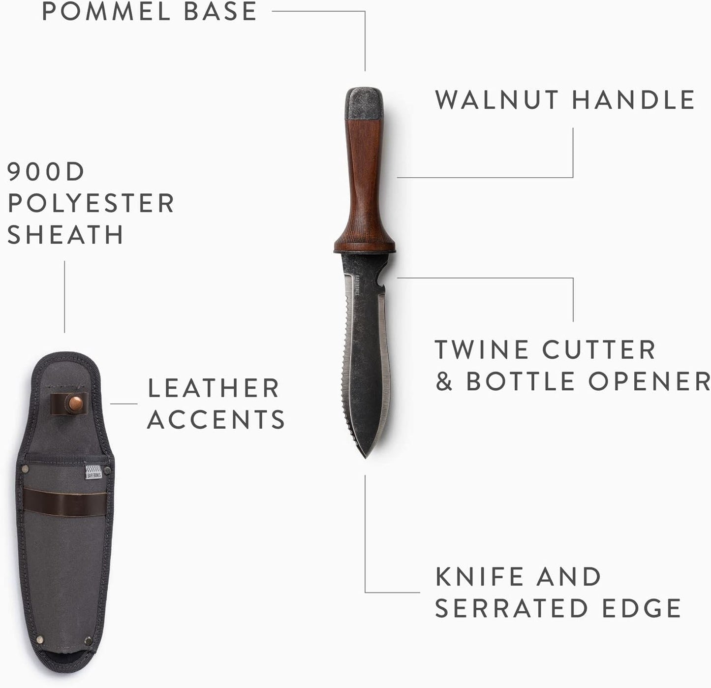 Barebones Hori Hori Ultimate - Garden Knife with Double-Edged Tempered Steel Blade, Walnut Handle, Ambidextrous Use, Japanese Knife Garden Tool for Weeding and Gardening (Tool & Sheath)