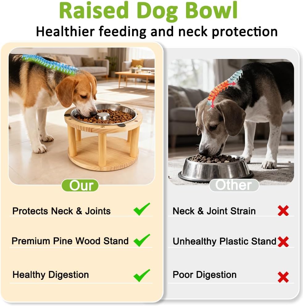 Vivifying Elevated Dog Bowl, Pine Wood Stand with Stainless Steel Slow Feeder, 5.9" Raised Dog Bowl for Small & Medium Dogs