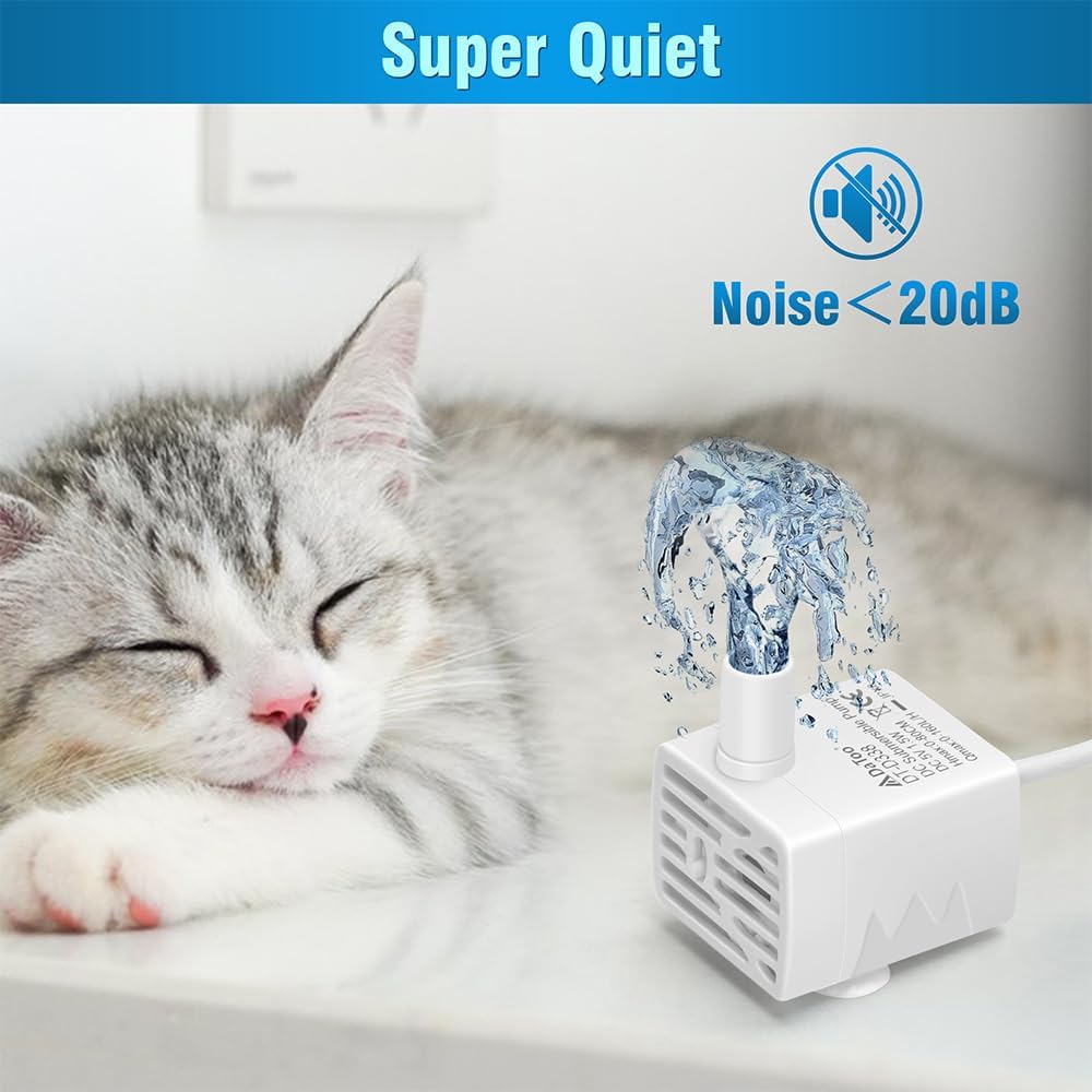 Cat Water Fountain Pump Ultra-Quiet USB 5V Submersible Pet Drinking Fountain Replacement Pump IPX8 Waterproof Cat Water Dispenser Pump