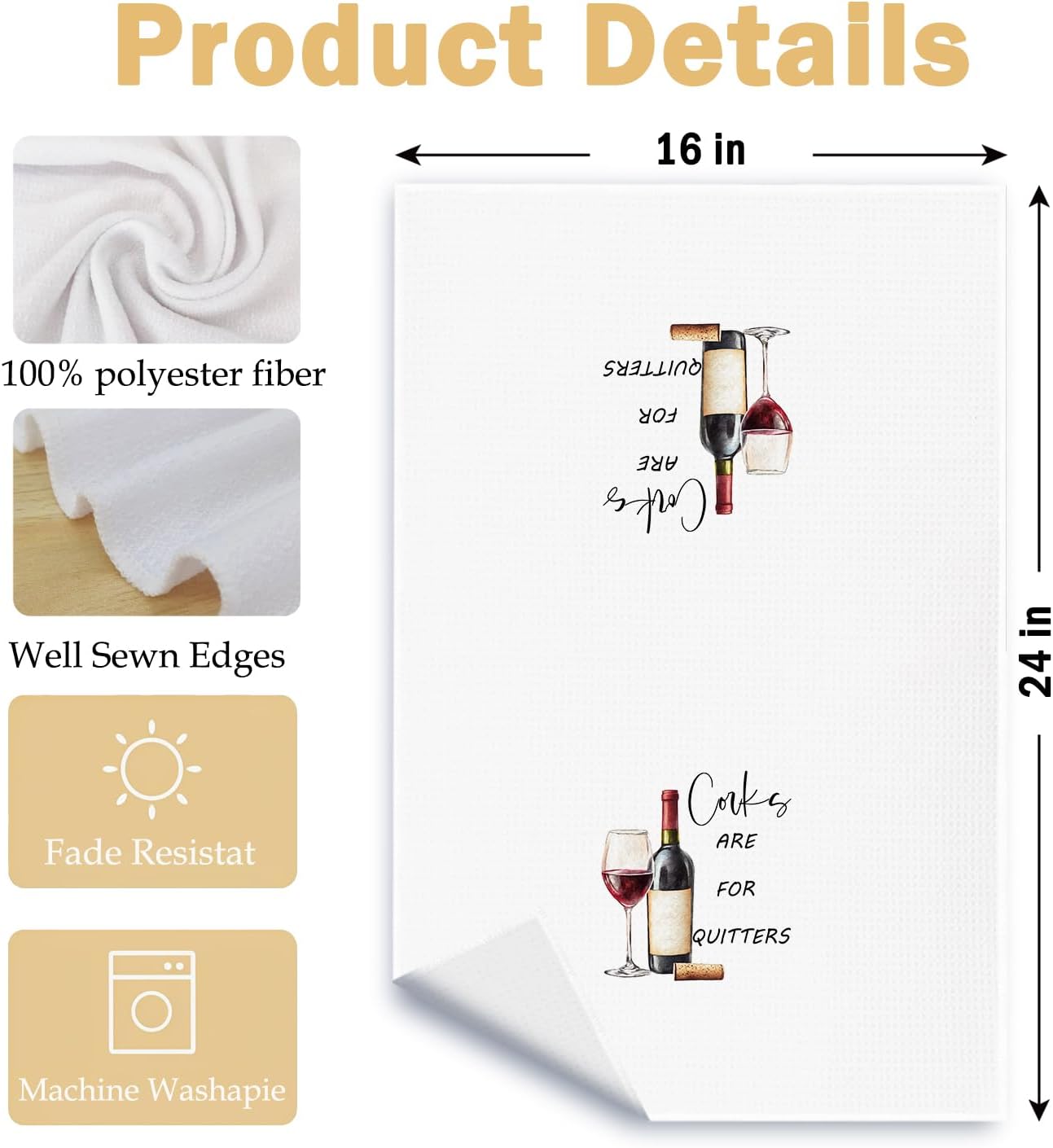 Wine Kitchen Towels, Wine Lover Gifts for Women Men Dish Tea Towels, Corks are for Quitters Decorative Hand Towel for Kitchen Bar Cart, 16x24 Inch Set of 2