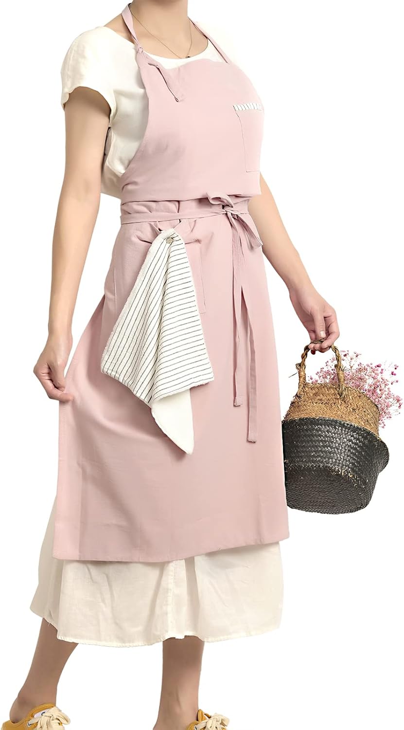 Soft Cotton Linen Apron - Retro Linen Art Apron, Adjustable Casual Apron with Towel, Great for Florist and Kitchen