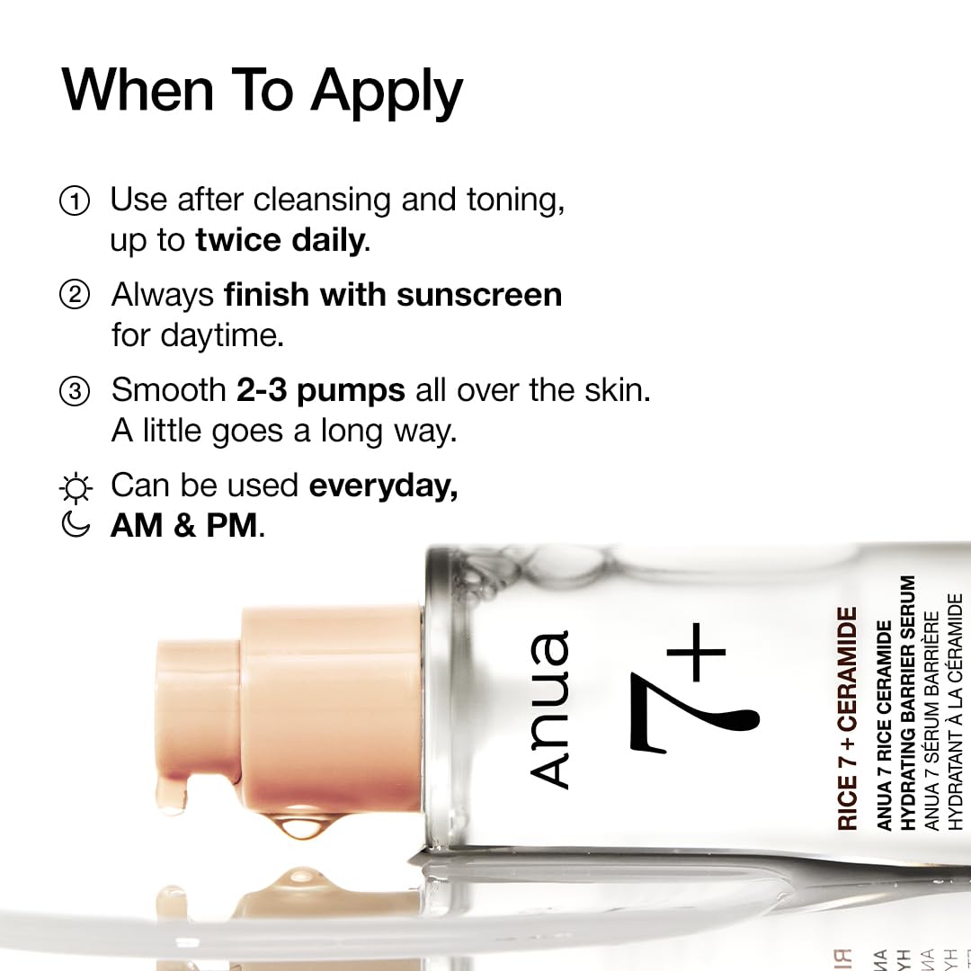 Anua Rice Ceramide 7 Hydrating Barrier Serum, Moisturizing Face Serum, Non-comodogenic, Hyaluronic Acid, Niacinamide, Lightweight, Fragrance Free, Sensitive Dry Skin, Korean Skincare, 1.69 fl oz