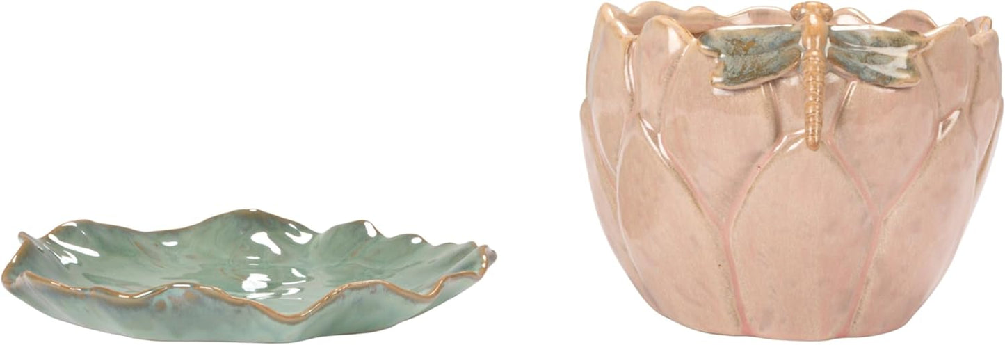Creative Co-Op Stoneware Flower Shaped Planter with 3D Dragonfly and Leaf Saucer in Reactive Glaze, Multicolor