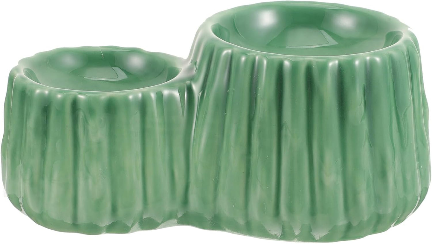 FAVOMOTO Elevated Ceramic Cat Bowl Set with Dual Height Raised Bowls, Non-tip Pet Feeder for Cats and Small Dogs, Green Food and Water Dish for Indoor Feeding