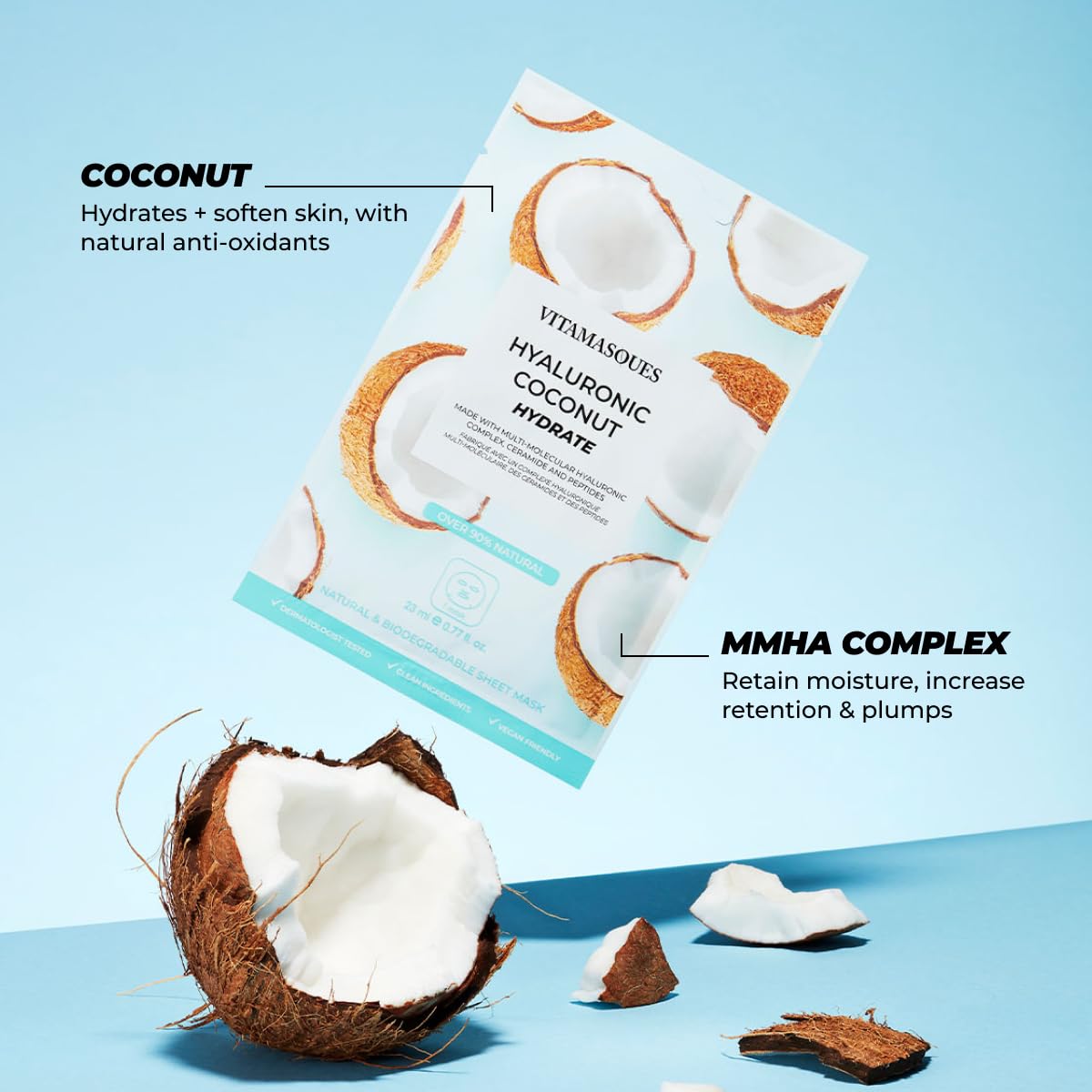 Vitamasques Biodegradable Coconut Face Mask, Hydrating Hyaluronic Acid, for All Skin Types (Pack of 3)