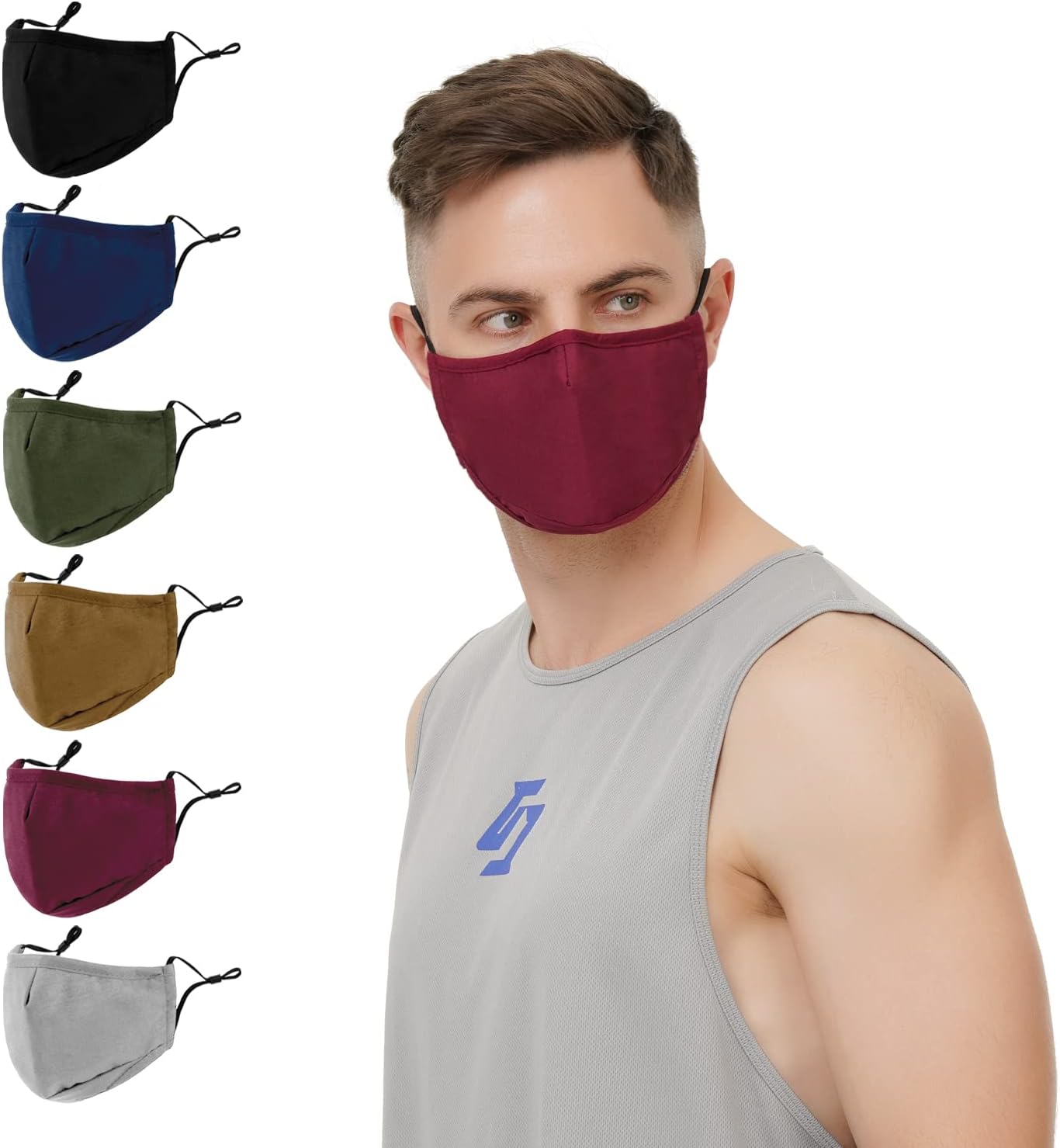 3-Ply Cloth Face Mask 6 Pack,Washable, Reusable and Breathable Face Covering with Adjustable Ear Protection Loops for Women and Men (Black/Grey/Wine Red/Dark Green/Dark Blue/Brown)
