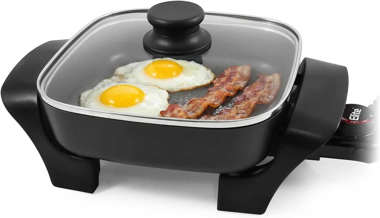 Elite Gourmet EG808 Electric Skillet 8"x8" Non-Stick Coating, Tempered Glass Lid, Removable Thermostat 200°F–400°F, Dishwasher Safe, 600W Compact 2.5-Qt Capacity for Eggs, Bacon & One-Pot Meals, Black