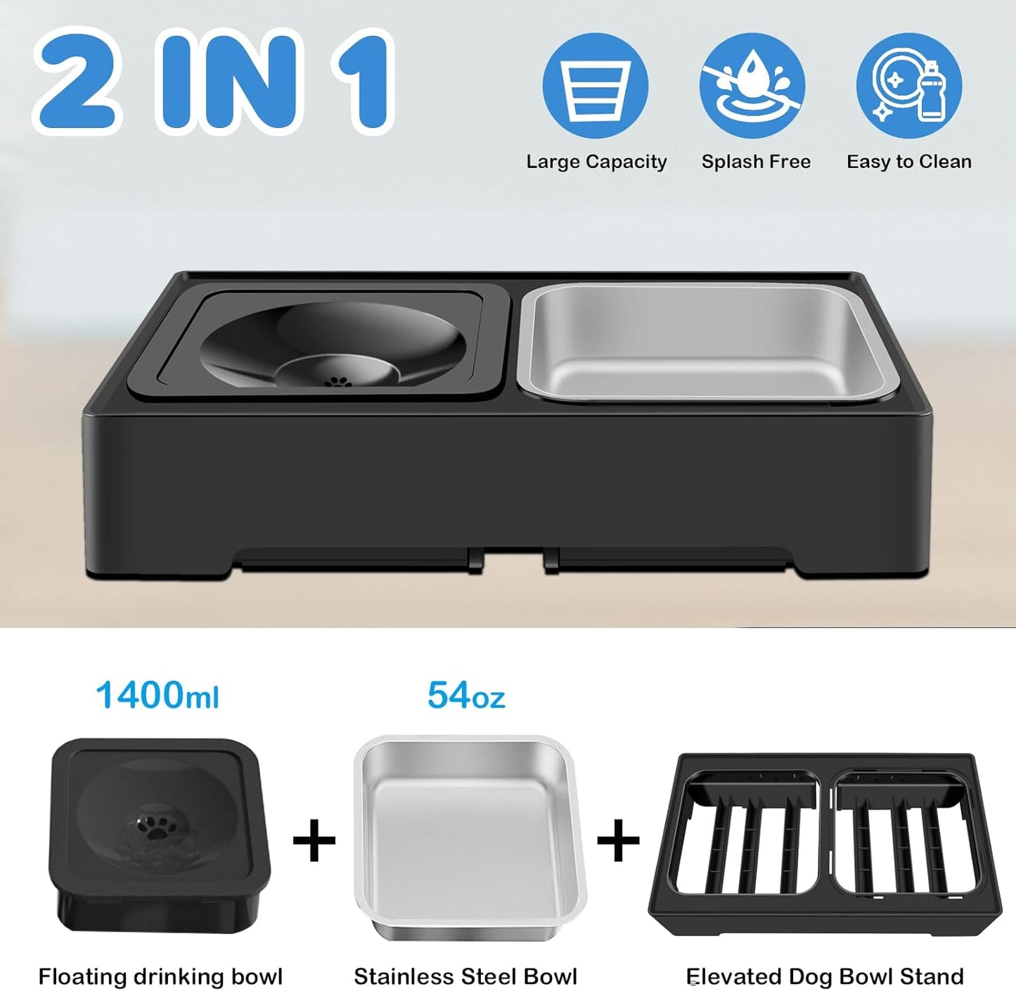 2-in-1 Elevated Dog Bowls, Raised Pet Bowl with Stainless Steel Food Bowl and Spill Proof Water Bowl, 4 Adjustable Heights, Non-Slip Stand, for Small, Medium, Large Dogs and Pets
