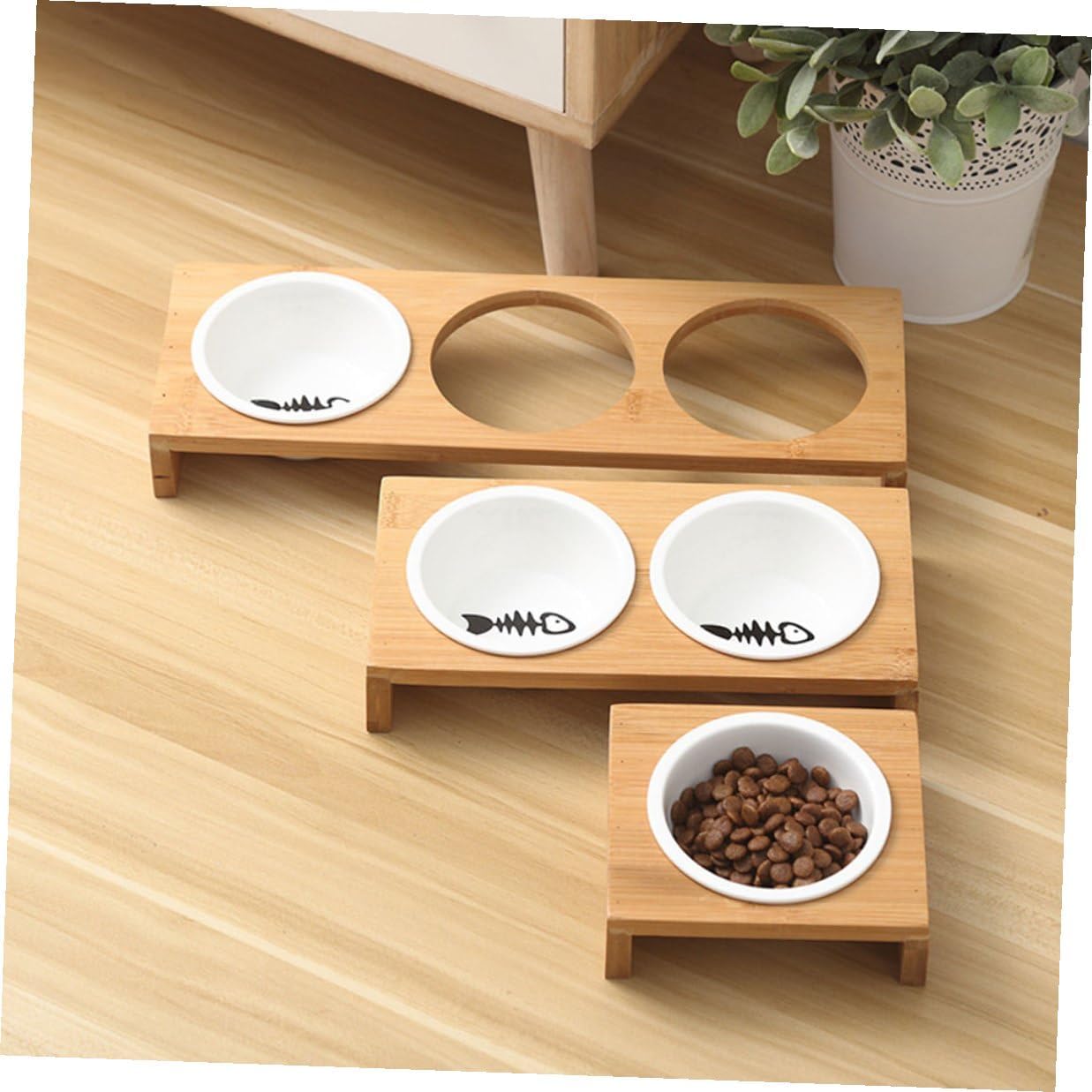FAVOMOTO Elevated Stand Cat Bowl Set with Ceramic Bowls, Indoor Raised Pet Water and Food Dish for Kittens and Dogs, Non-Slip Household Feeding Supplies