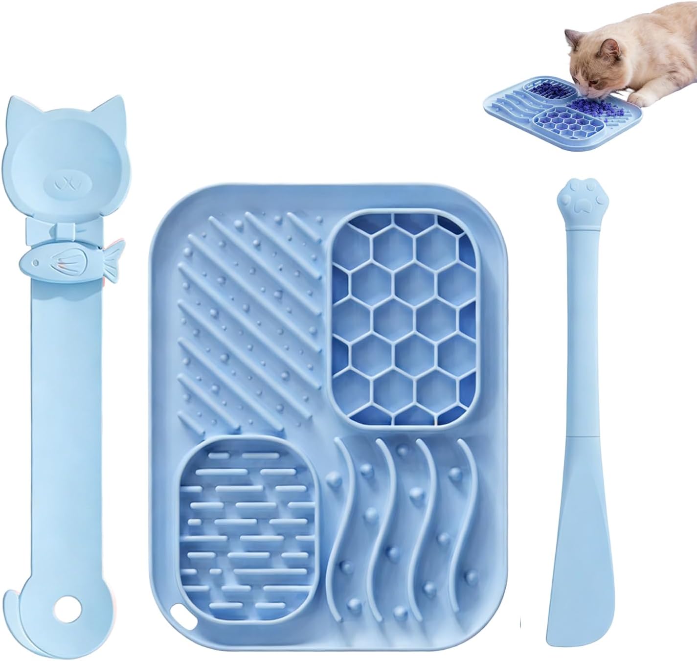 AZY 3-Piece Slow Feeder cat Bowl and Lick Mat Set – Silicone Cat Treat Spoon, Feeding Mat for Wet Food, Enrichment and Slow Eating (Blue)