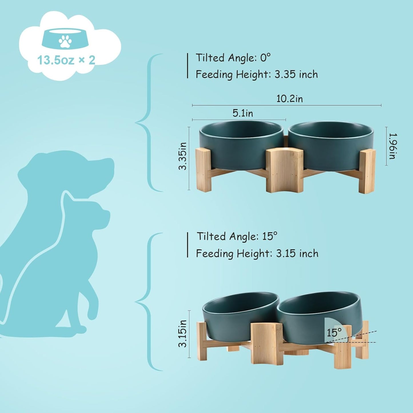 SPUNKYJUNKY 15° Slanted Ceramic Dog and Cat Bowl with Wooden Stand, Tilted Bulldog Food and Water Bowl No Slip Non-Spill for Cats Medium Dogs Big Face Pets 13.5 OZ (1.7 Cups, Green × 2)