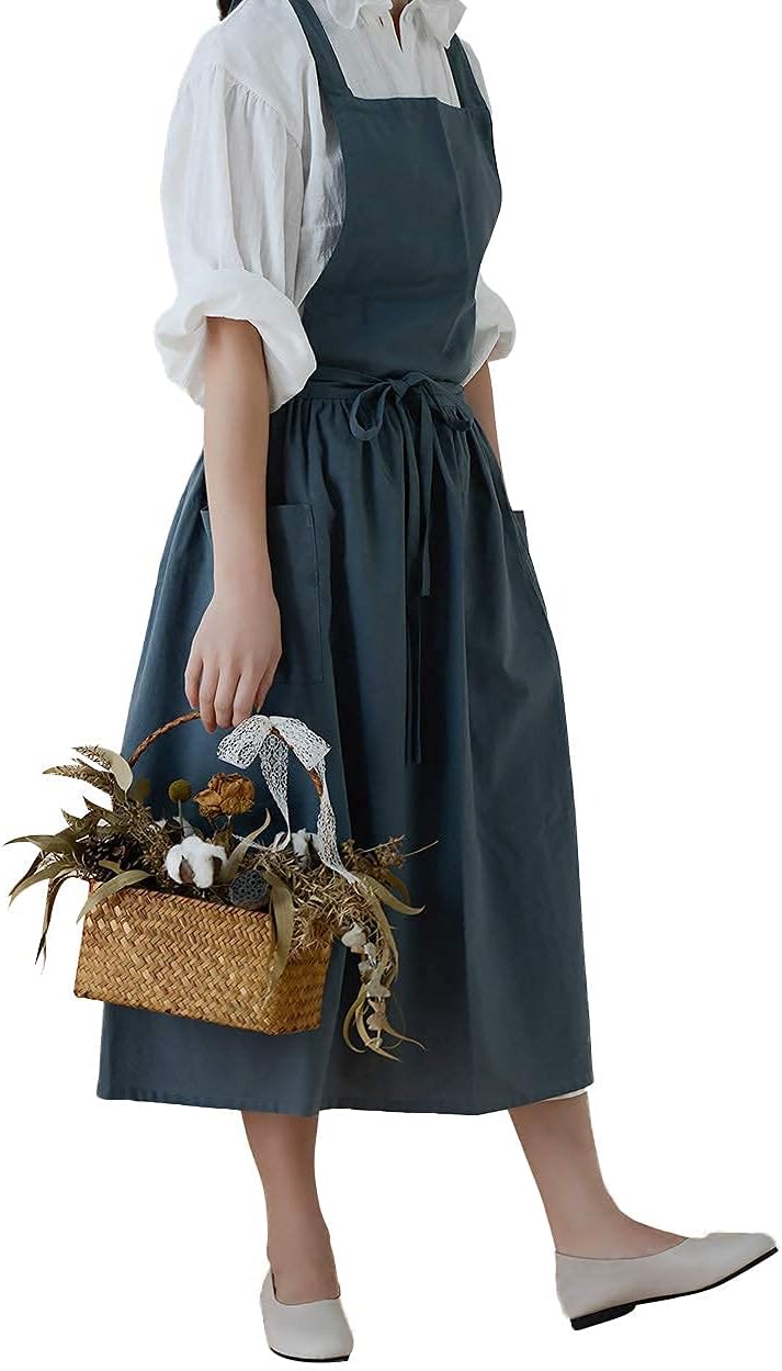Cotton Pleated Apron Retro Waterdrop Proof Garden Cleaning Pinafore Dress