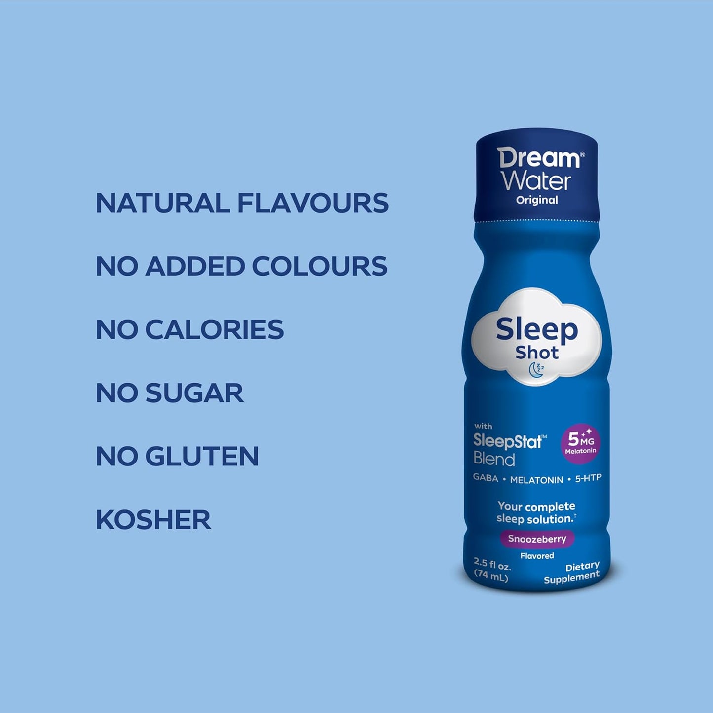 Dream Water Sleep Shots (12 Count) Sleep Aids for Adults - 5mg Melatonin, GABA, 5-HTP - Natural Snoozeberry Flavor (Blue Raspberry) - Liquid Melatonin Supplement - Zero Sugar & Gluten Free - 2.5 oz