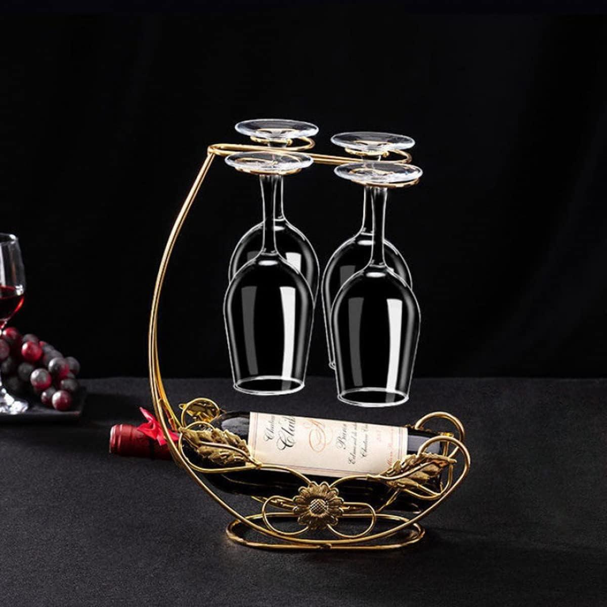 Homya Tabletop Wine Rack - Metal Fine Forged Wine Glass Display Holder, Holds 1 Bottle and 4 Glasses, Gold