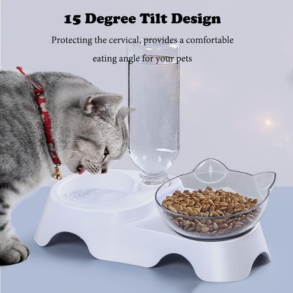 Double Dog Cat Bowls Anti Vomiting, Elevated Cat Food Water Bowls with 15° Tilted Raised Stand and Automatic Water Dispenser Bottle Pet Feeder Bowl for Cats and Small Dogs