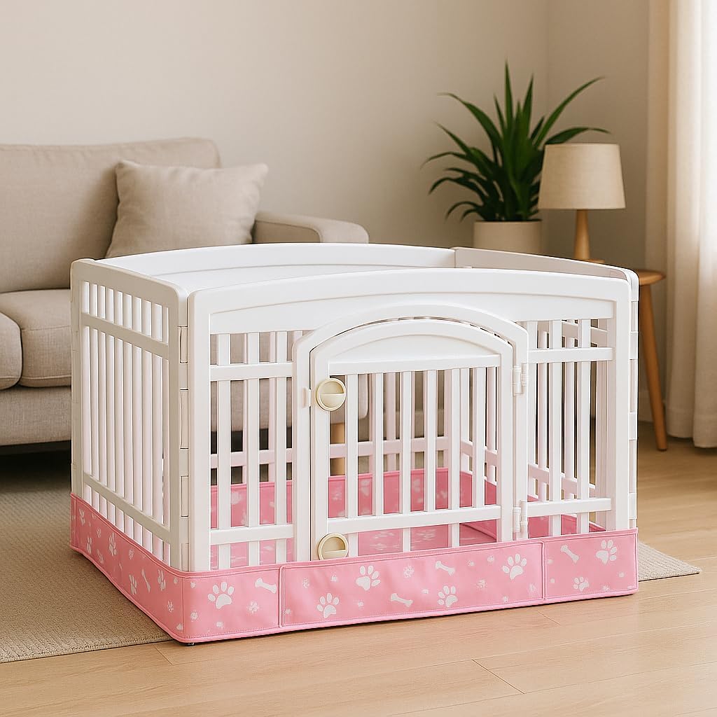 Dog Playpen Bottom Pad Mat for 36" 4-Panel Playpens - Scratch & Chew-Resistant Puppy Pen Floor Mat with Hook & Loop Fasteners, Waterproof & Leakproof, Non-Slip (Pink) (Playpen Not Included)