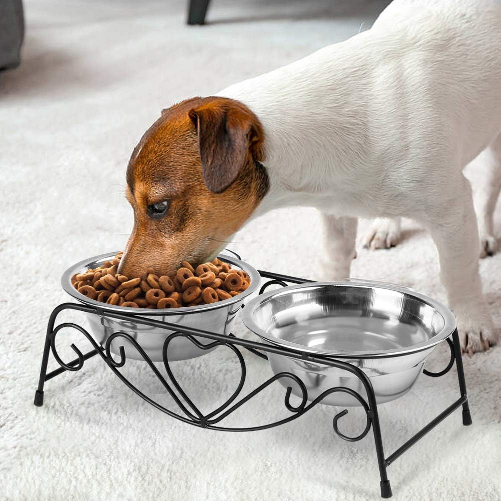 Raised Dog Bowls, Stainless Steel Double Pet Food Feeder Cat Water Dispenser Dish Bowls with Retro Iron Stand for Small or Medium Dogs Cats Puppy