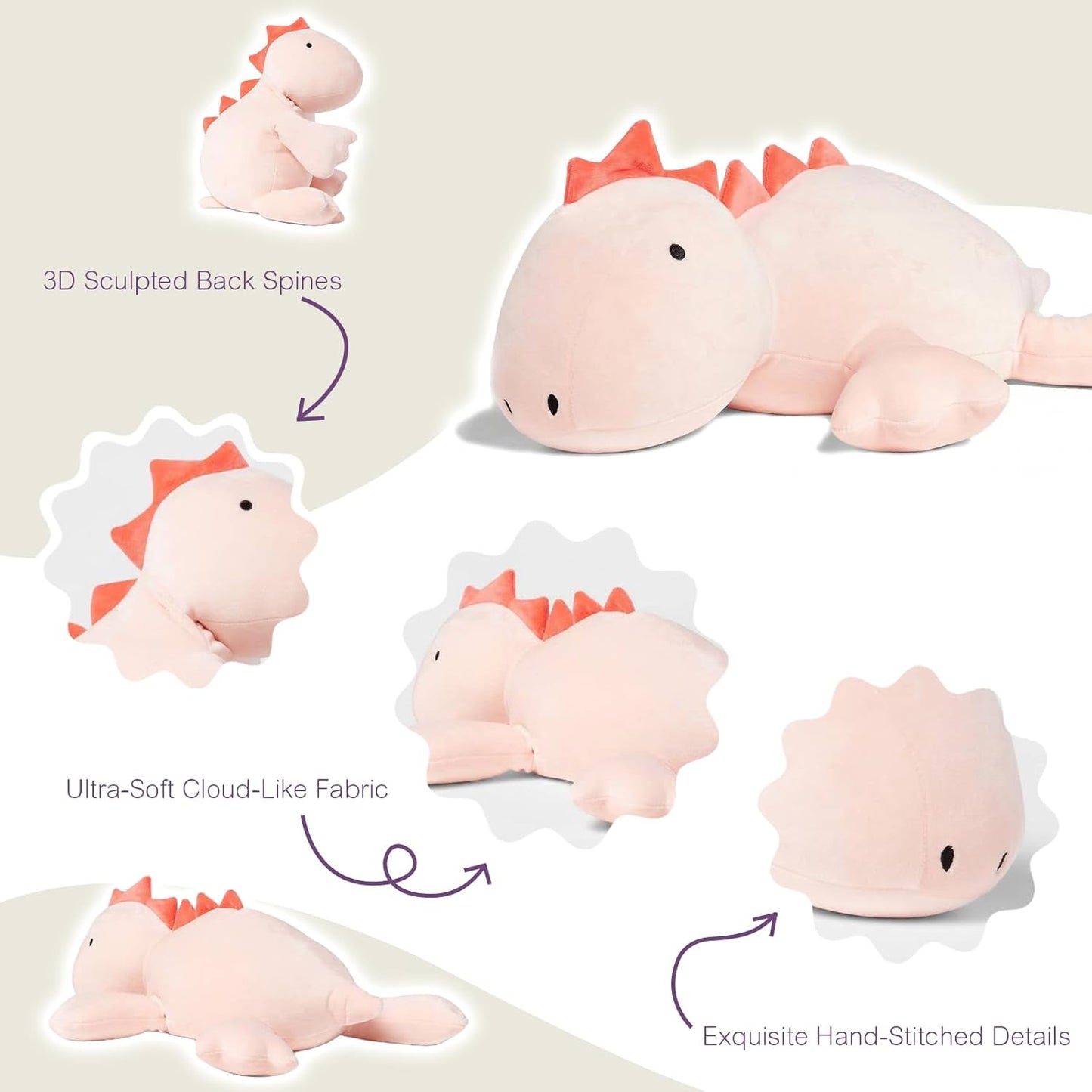 OSOCU® Microwavable Heating Pad Pink Stegosaurus Plush - 1.4 Lb Weighted Stuffed Animal Toy with Tourmaline Beads & Lavender - 16" Squished Long Dinosaur Pillow - Lumbar Back Cushion Lasting Warmth