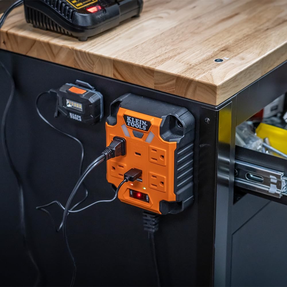 Klein Tools 29601 Magnetic Power Strip with Surge Protector, Extension Cord, 4 Outlets, 3 USB Ports, 5-Foot Cord, Power Supply Box with Light, PowerBox 1, Heavy Duty