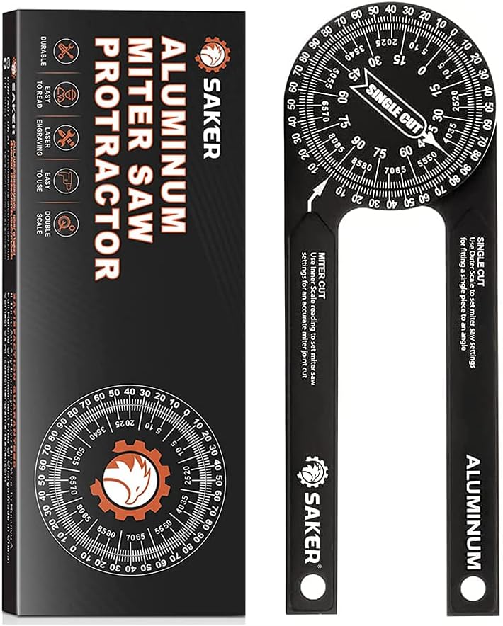 Saker Miter Saw Protractor|7-Inch Aluminum Protractor Angle Finder Featuring Precision Laser-Inside & Outside Miter Angle Finder for Carpenters, Plumbers and All Building Trades (Black)